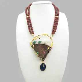 Red Jasper Beads Chain with White &Green Jade Elephant with Ammolite Rock, Green Agate, Rhodolite Garnet Round & Lapiz Lazuli oval Drop Necklace