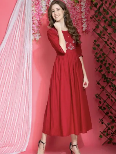 Red Rayon Maxi Dress Partywear Gown