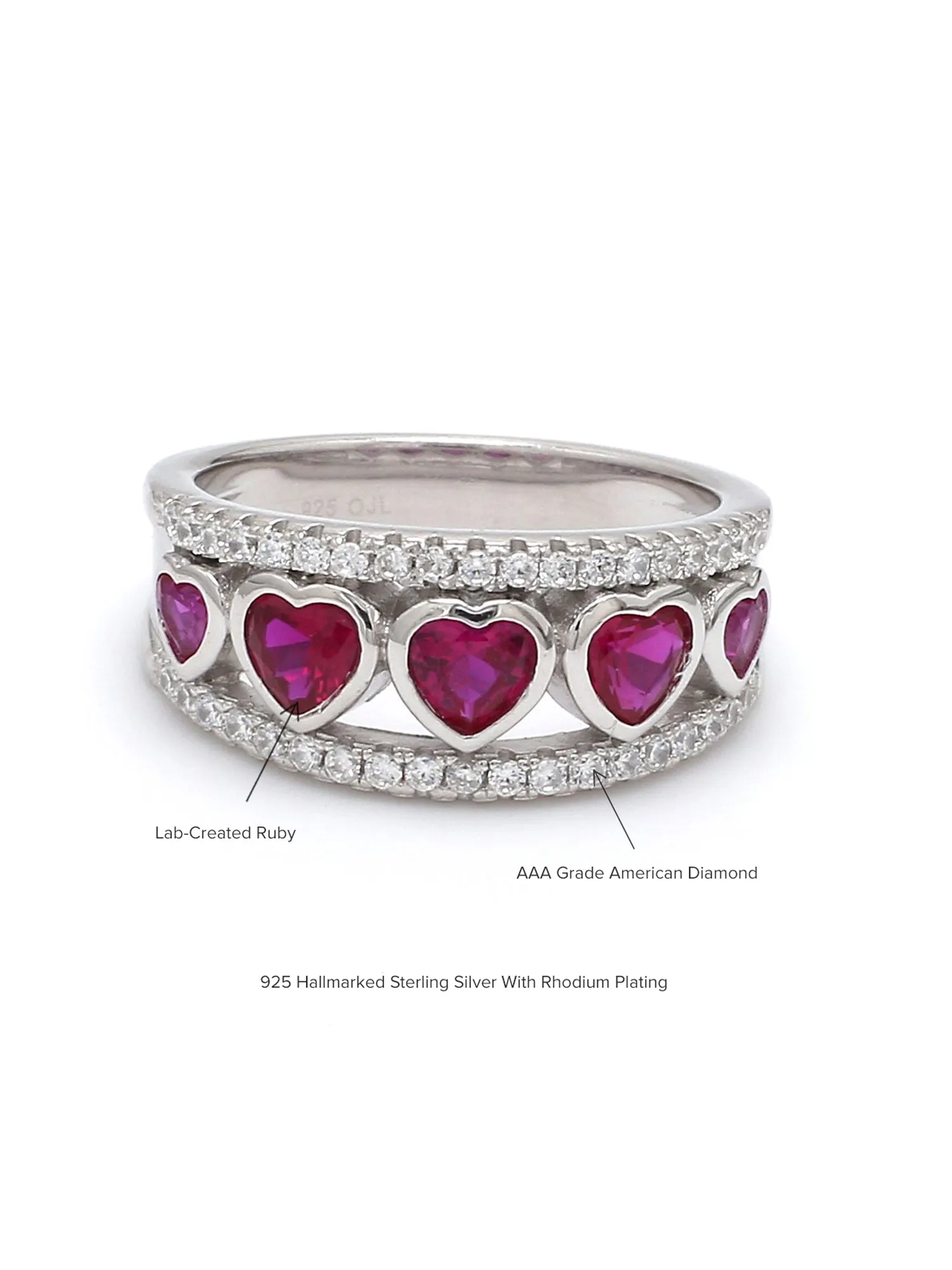 Red Ruby And American Diamond Heart Band Ring For Her