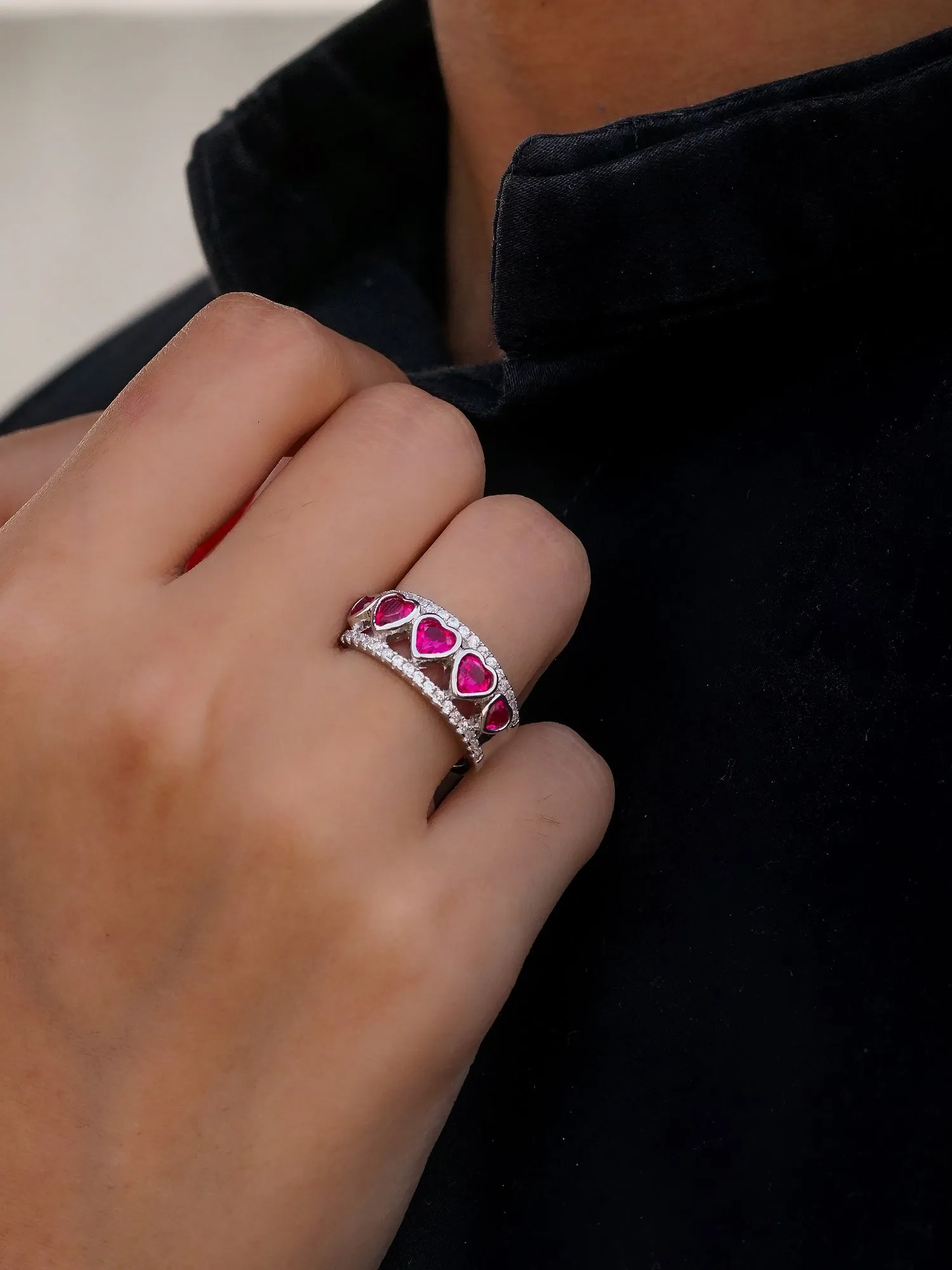 Red Ruby And American Diamond Heart Band Ring For Her