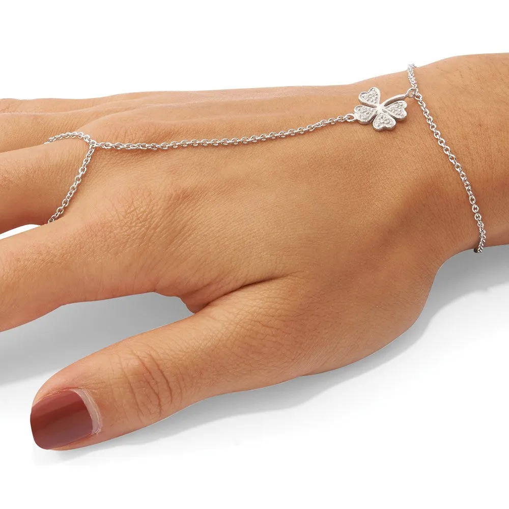 RH-plat Polished CZ Four Leaf Clover Attached Ring/Bracelet in Sterling Silver