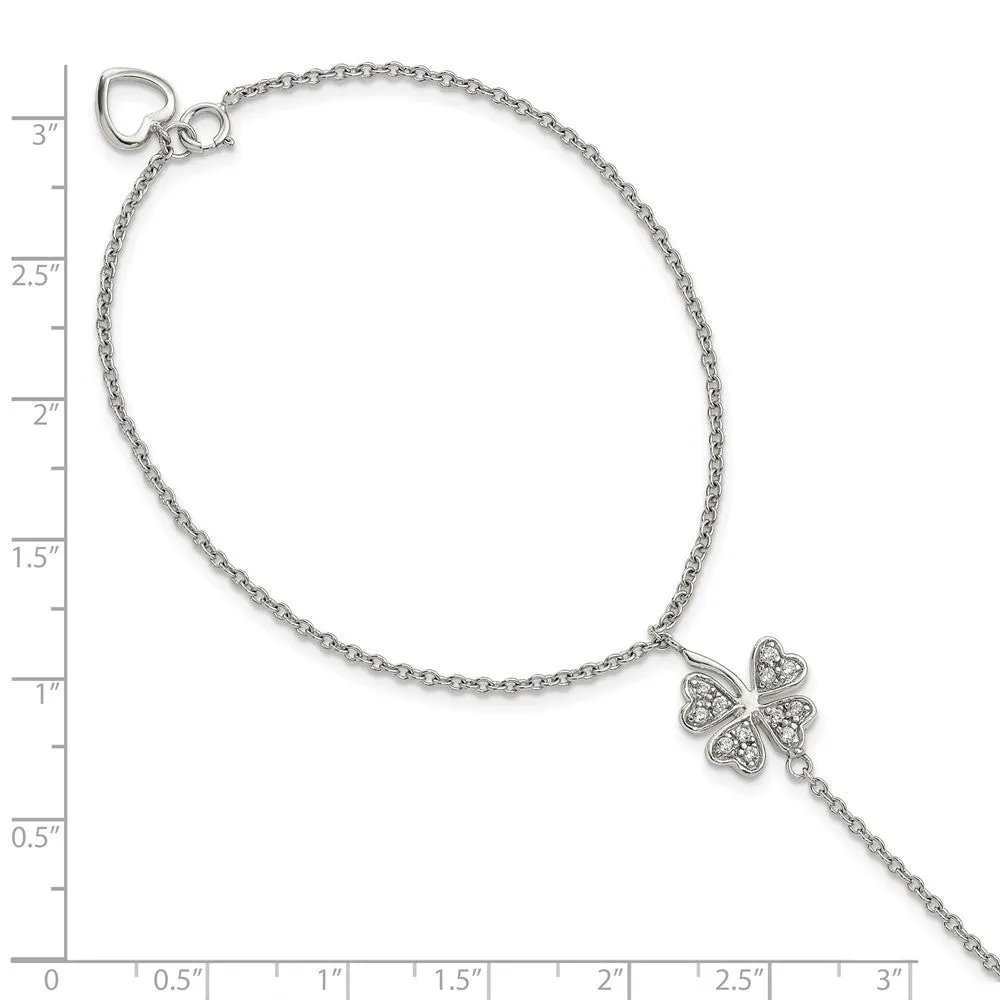 RH-plat Polished CZ Four Leaf Clover Attached Ring/Bracelet in Sterling Silver