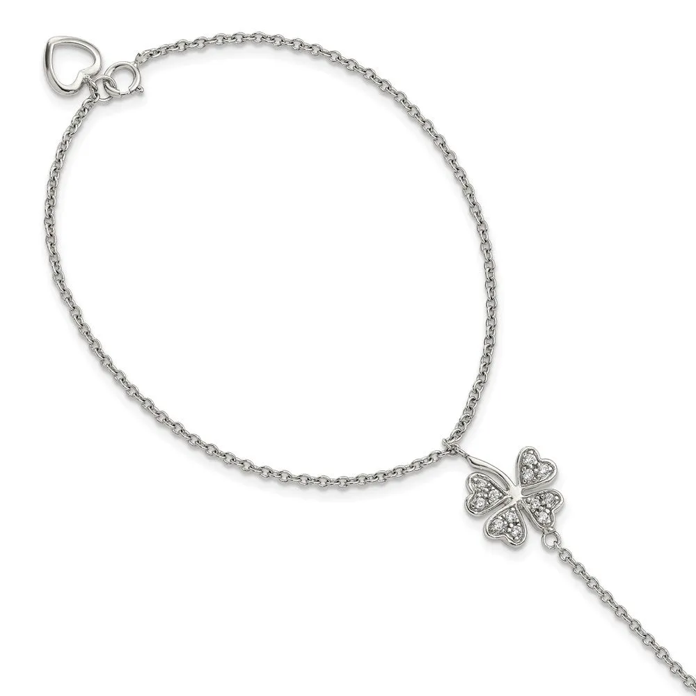 RH-plat Polished CZ Four Leaf Clover Attached Ring/Bracelet in Sterling Silver