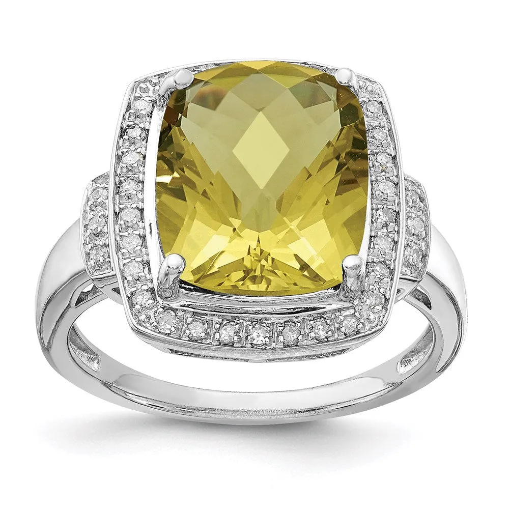 Rhodium Diamond & Checker-Cut Lemon Quartz Ring in Sterling Silver