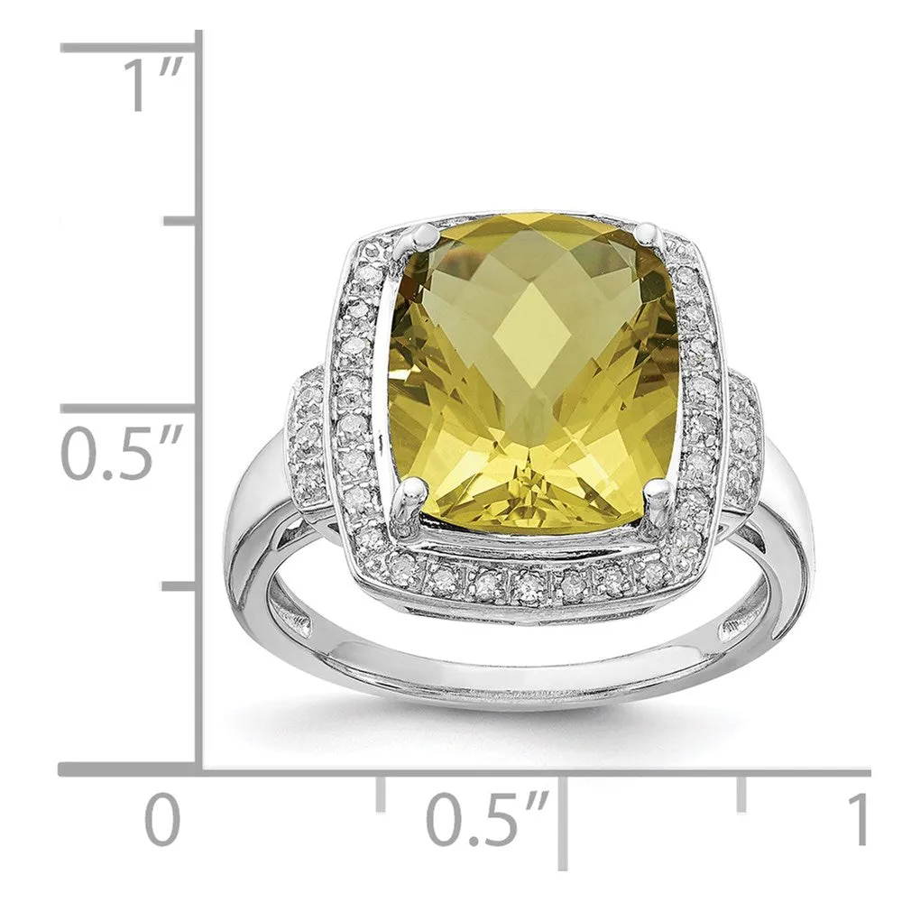 Rhodium Diamond & Checker-Cut Lemon Quartz Ring in Sterling Silver