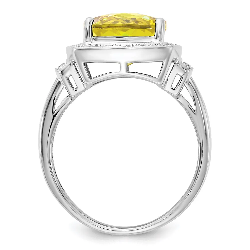 Rhodium Diamond & Checker-Cut Lemon Quartz Ring in Sterling Silver