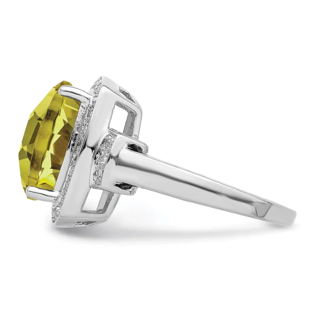 Rhodium Diamond & Checker-Cut Lemon Quartz Ring in Sterling Silver