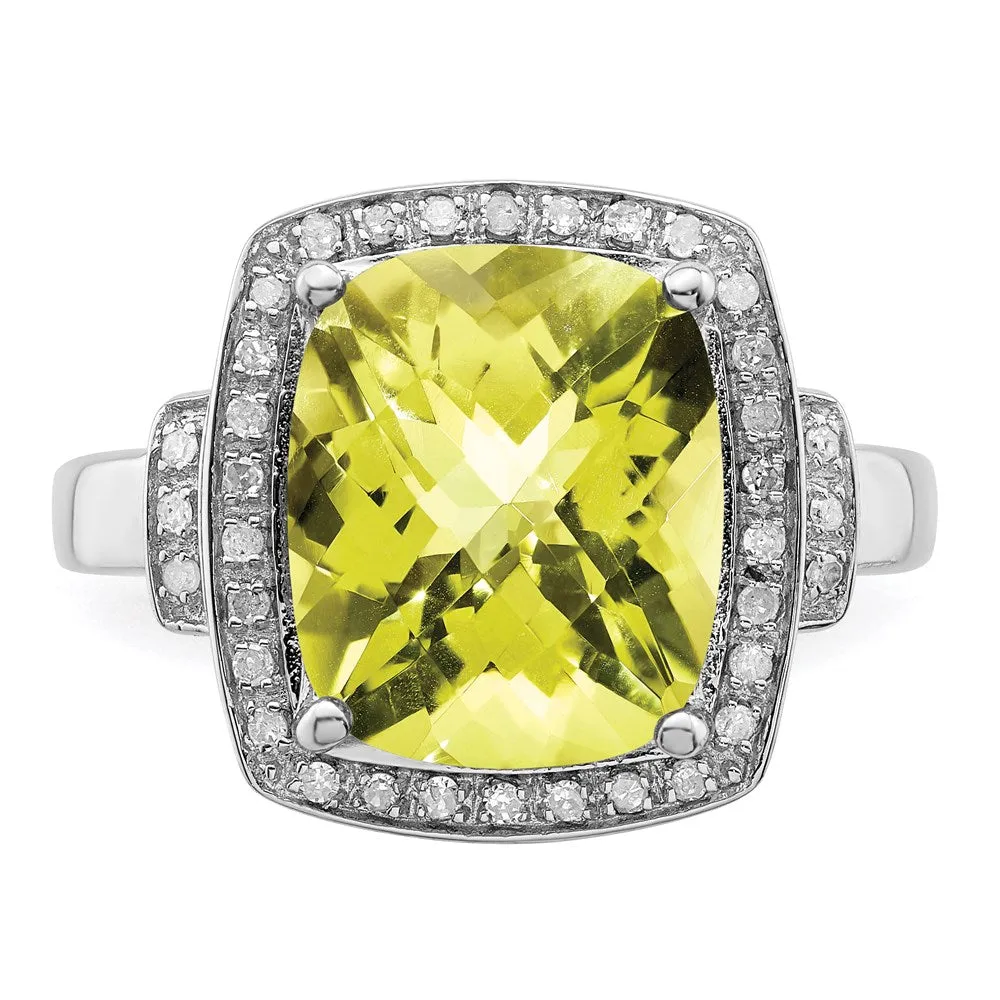 Rhodium Diamond & Checker-Cut Lemon Quartz Ring in Sterling Silver