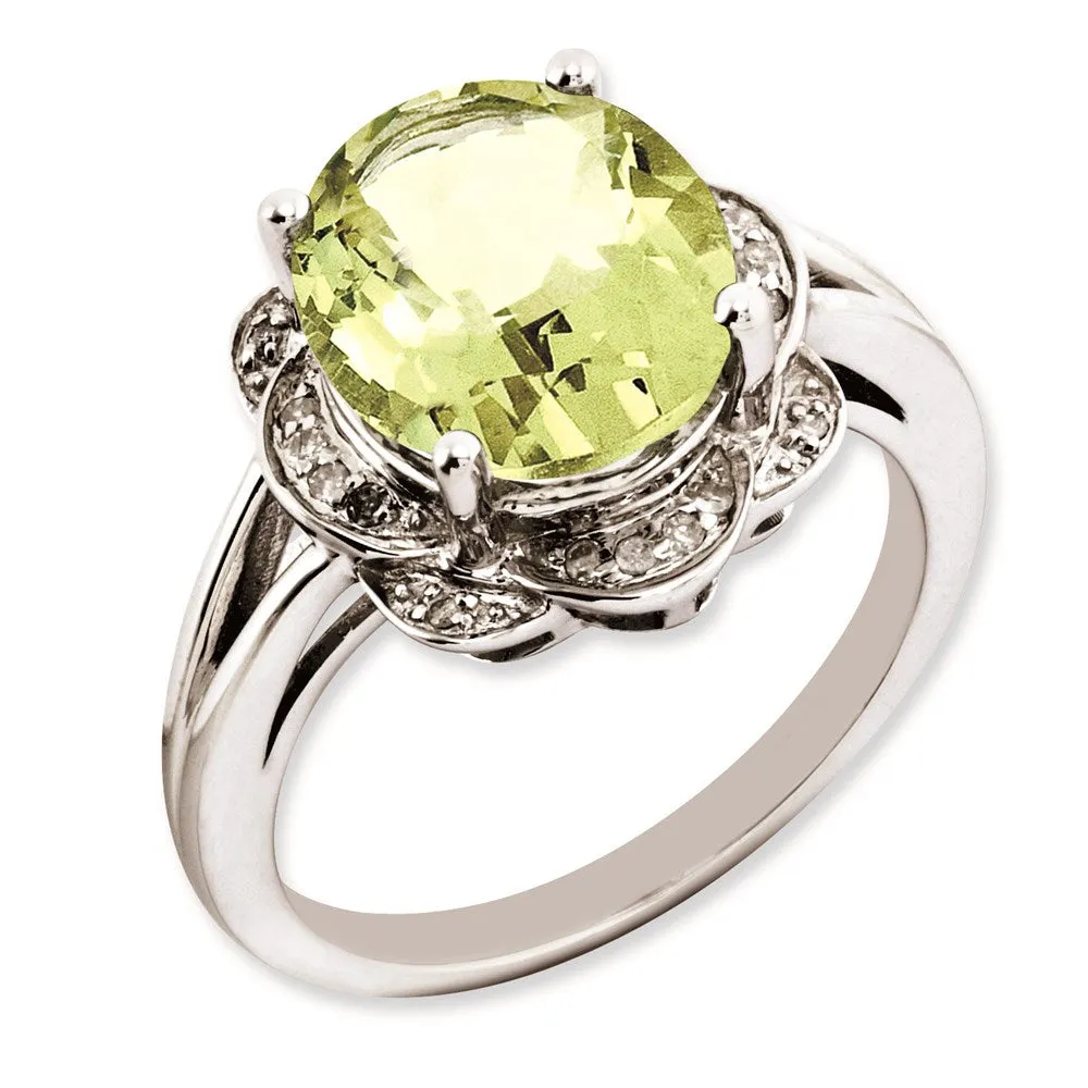 Rhodium-Plated Oval Lemon Quartz & Diamond Ring in Sterling Silver