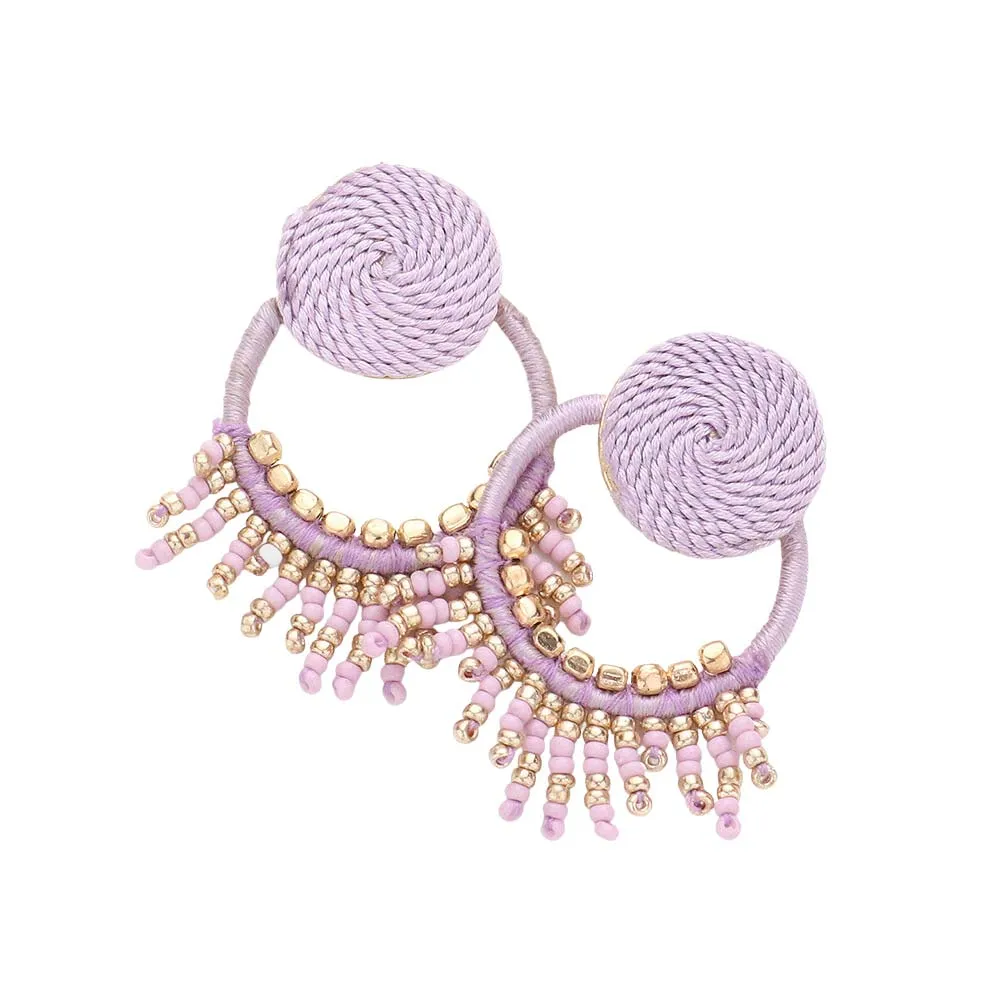 Rope Wrapped Beaded Fringe Open Circle Earrings