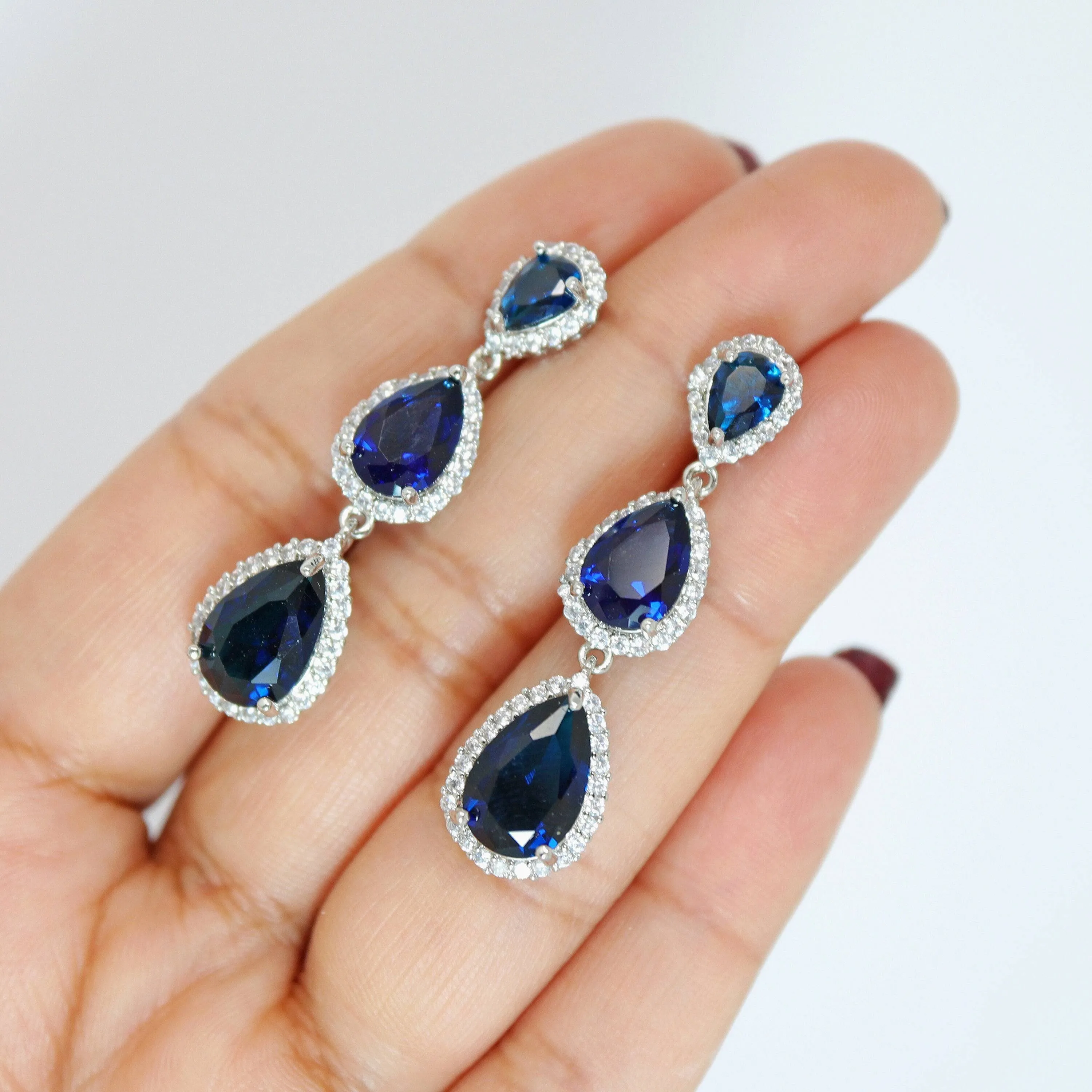 Royal Blue Drop Crystal/Diamond Earrings, Long Bridal Jewelry, Bridal Earrings, Crystal Bridal Earrings, Statement Earrings Cz