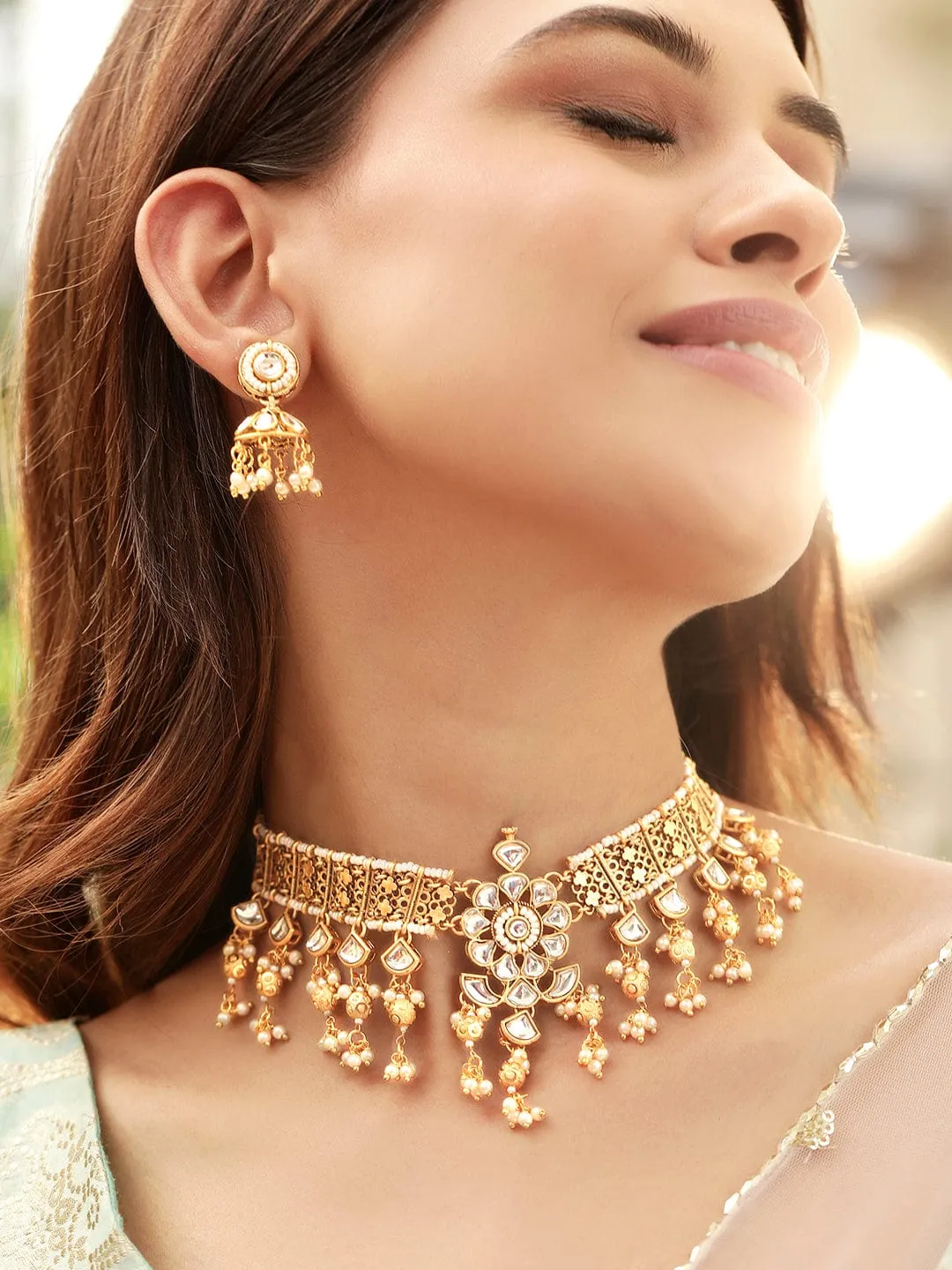 Rubans Enchanting Radiance 22K Gold Plated Kundan and Pearl beaded Choker jewelry Set