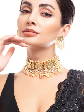 Rubans Luxury Gold Plated Kundan Choker Set With Pastel Beige Beads.