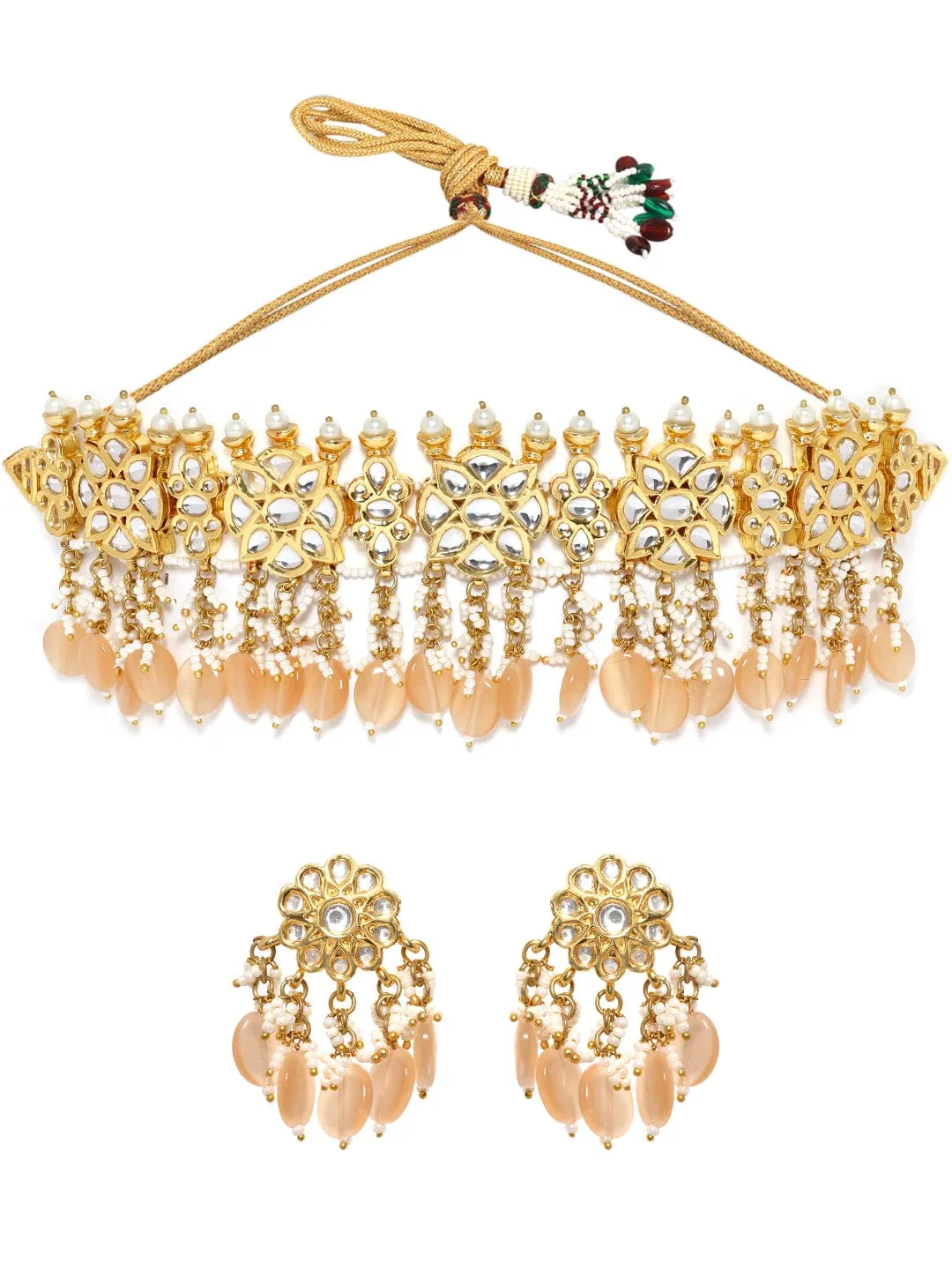 Rubans Luxury Gold Plated Kundan Choker Set With Pastel Beige Beads.