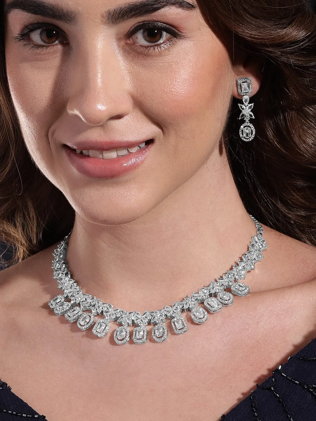 Rubans Rhodium-Plated Crystal Zirconia Studded Multilayered Lux Statement Choker Necklace Set