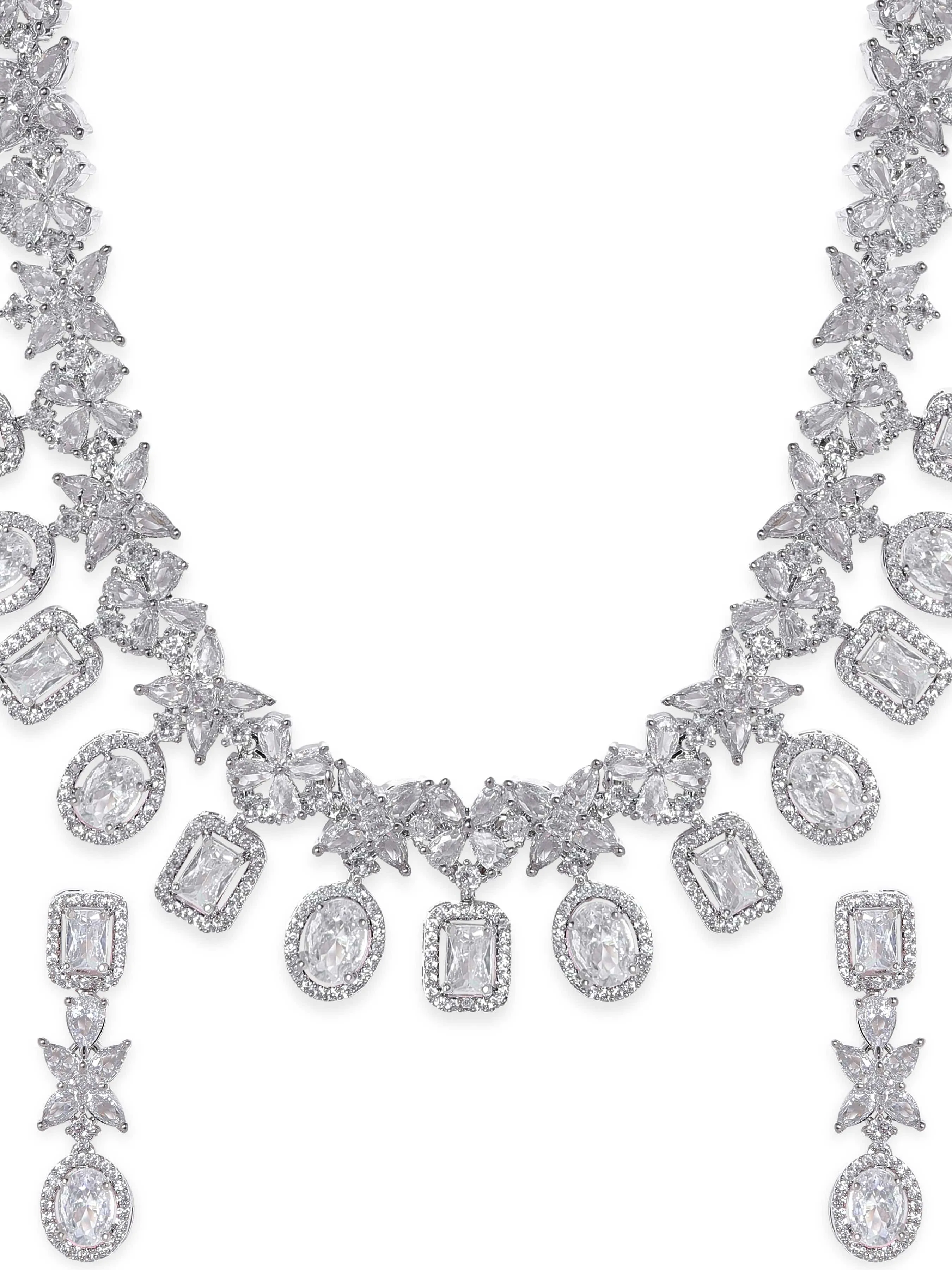 Rubans Rhodium-Plated Crystal Zirconia Studded Multilayered Lux Statement Choker Necklace Set