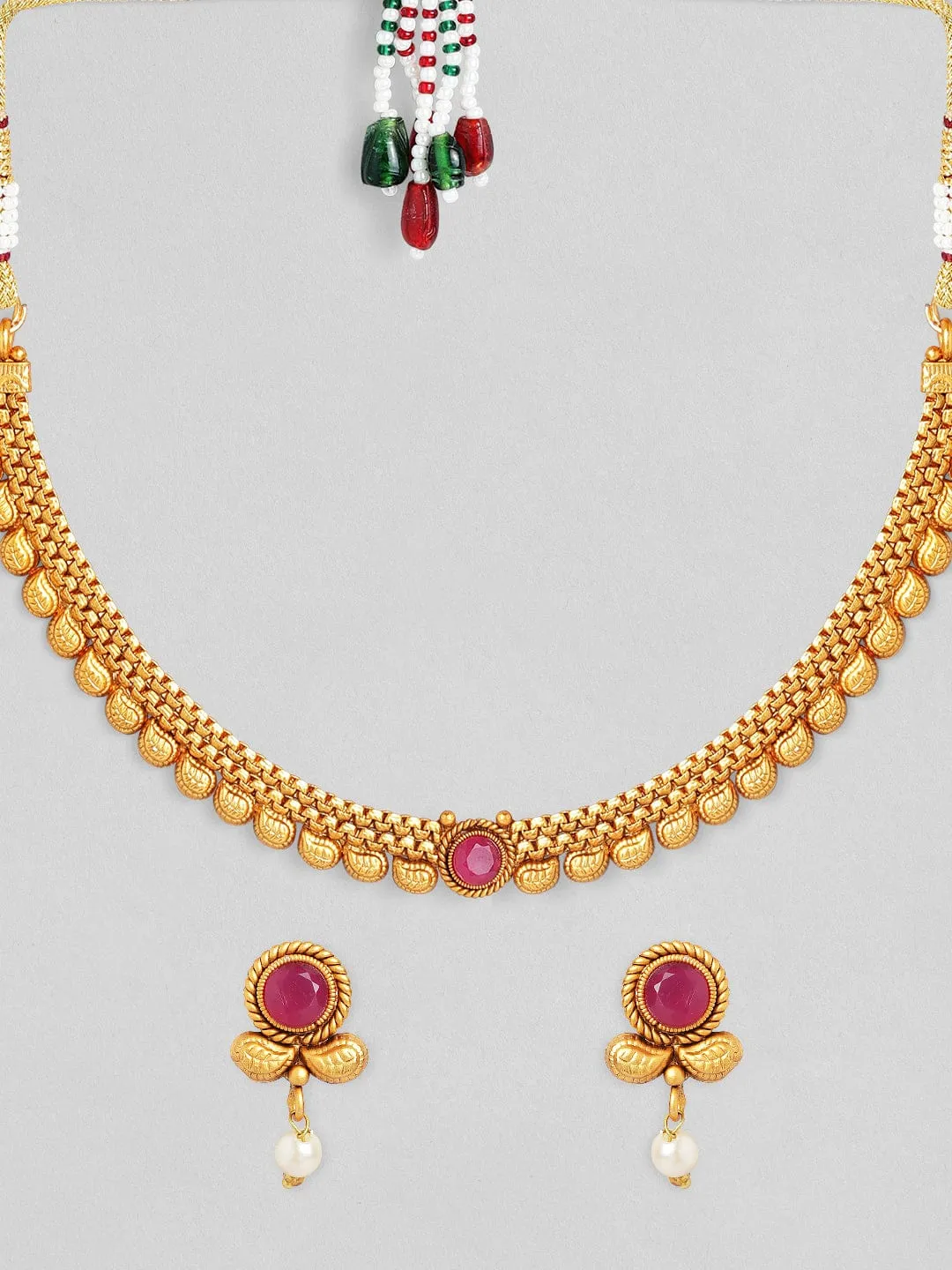 Rubans Traditional Gold Plated Pink Stone Studded Necklace Set