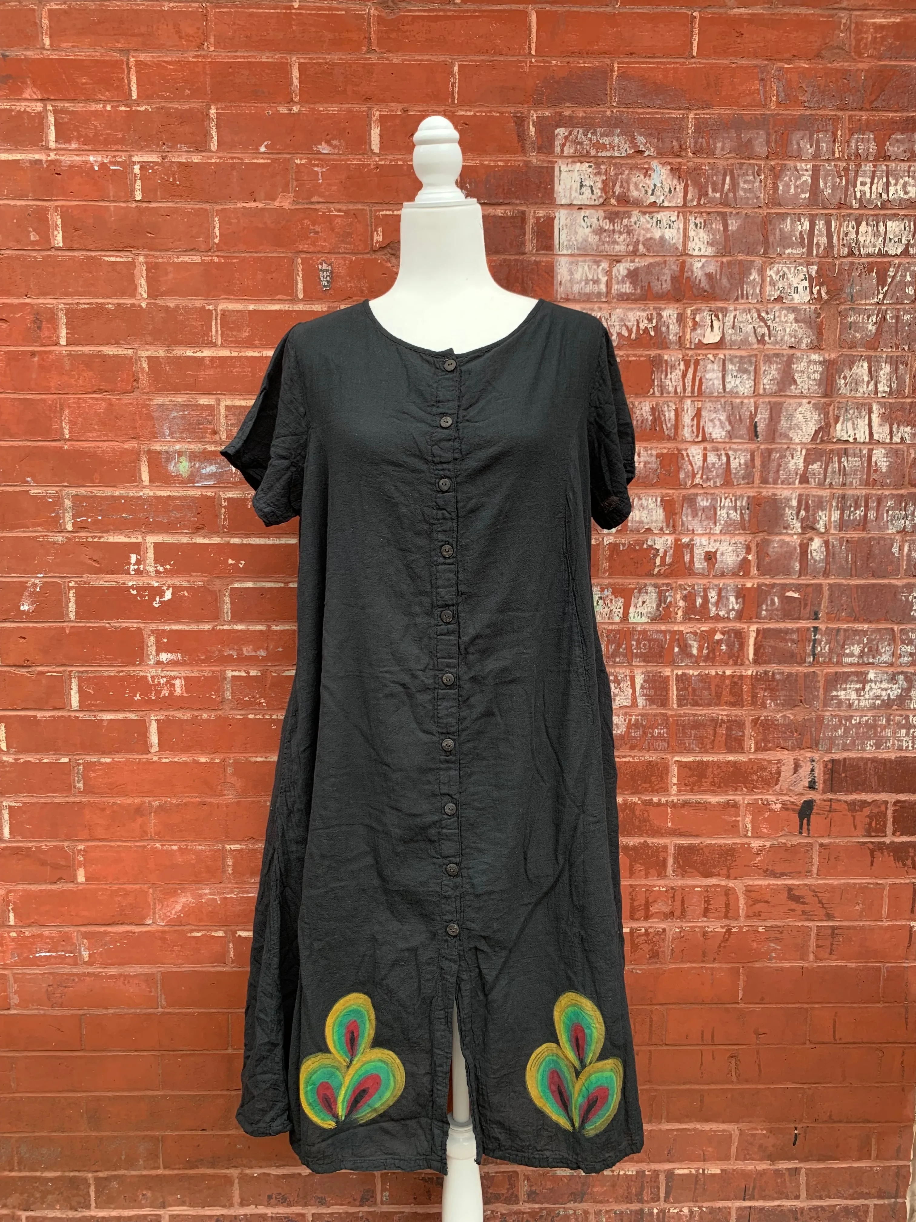 Short Sleeve Button Down Midi Dress with Hand Painted Flower Cotton Dress