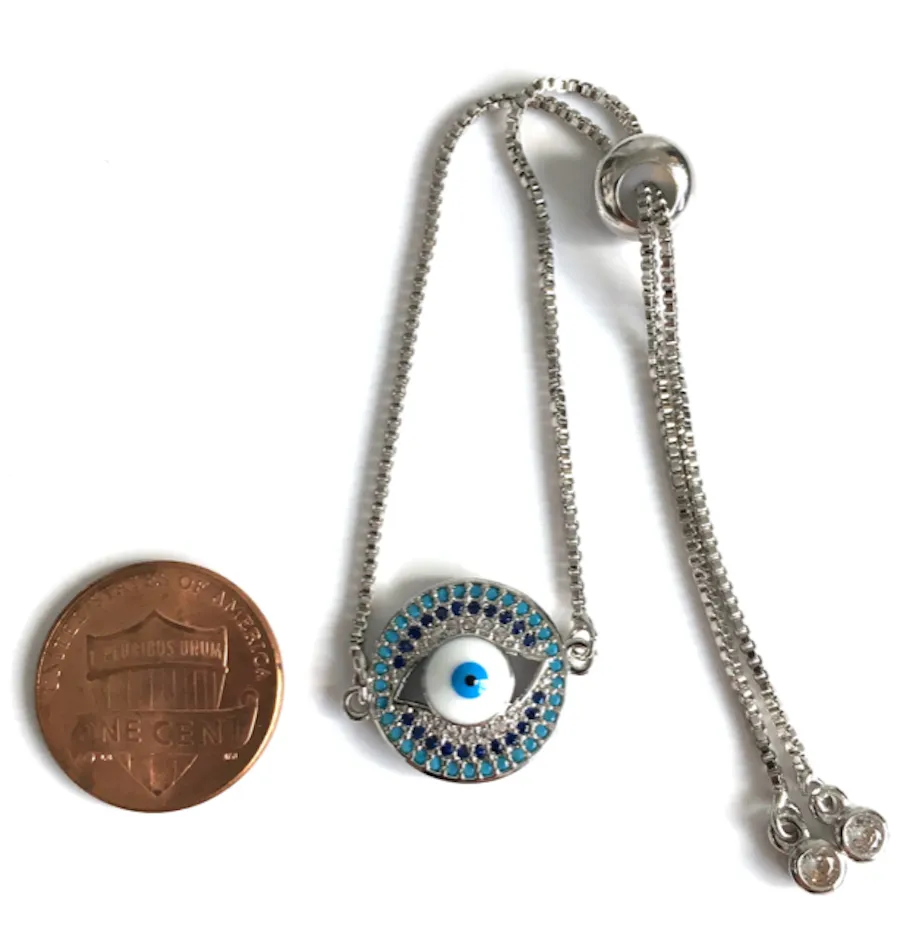 Silver Plated Evil Eye Bolo Bracelet for Women Adjustable Chain