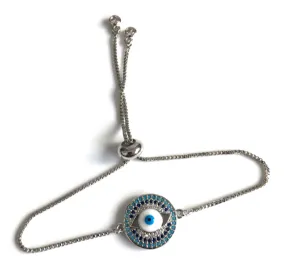 Silver Plated Evil Eye Bolo Bracelet for Women Adjustable Chain