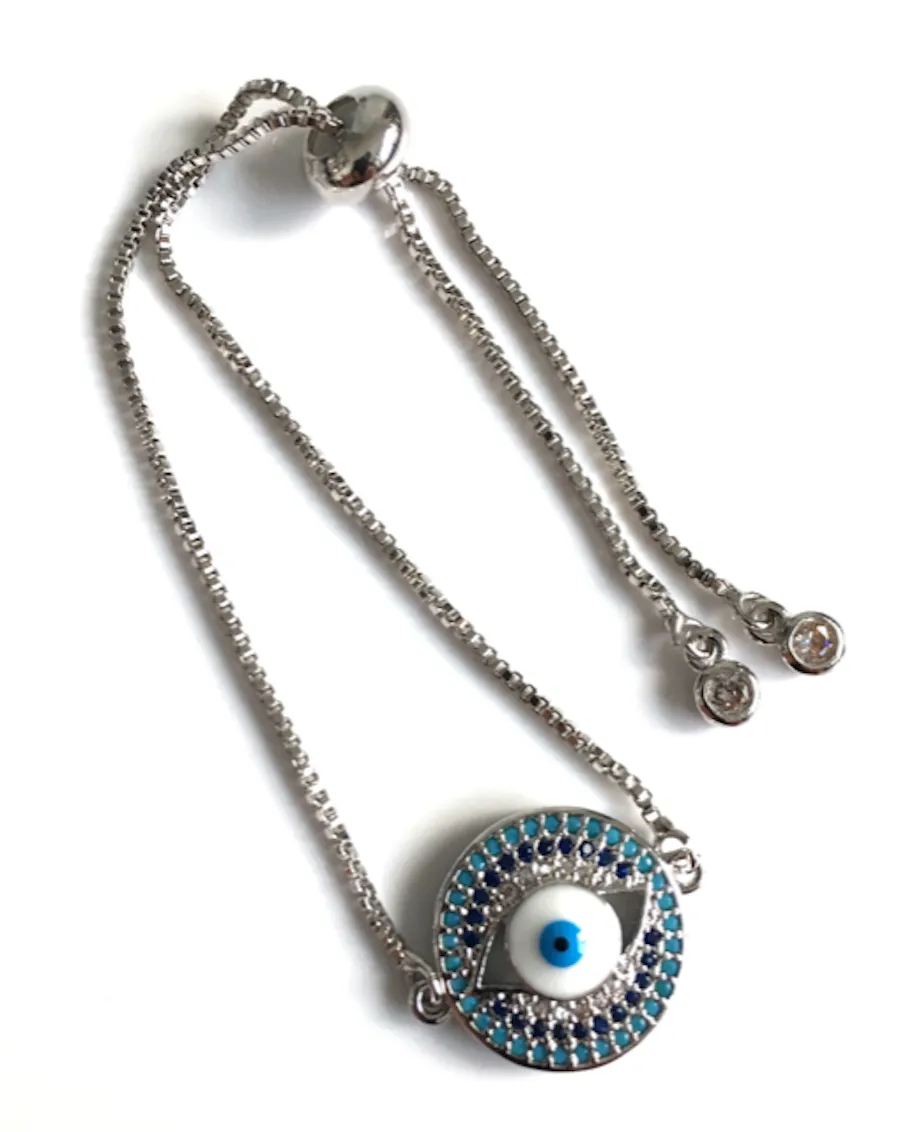 Silver Plated Evil Eye Bolo Bracelet for Women Adjustable Chain