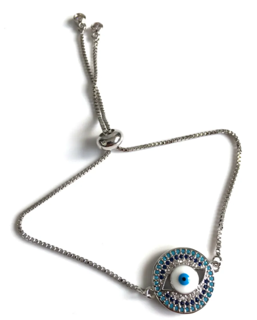 Silver Plated Evil Eye Bolo Bracelet for Women Adjustable Chain