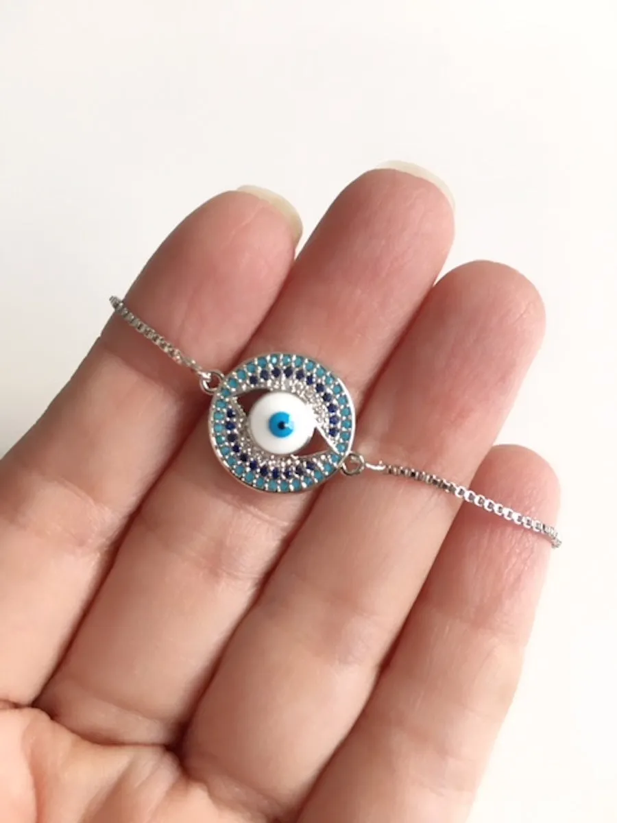 Silver Plated Evil Eye Bolo Bracelet for Women Adjustable Chain