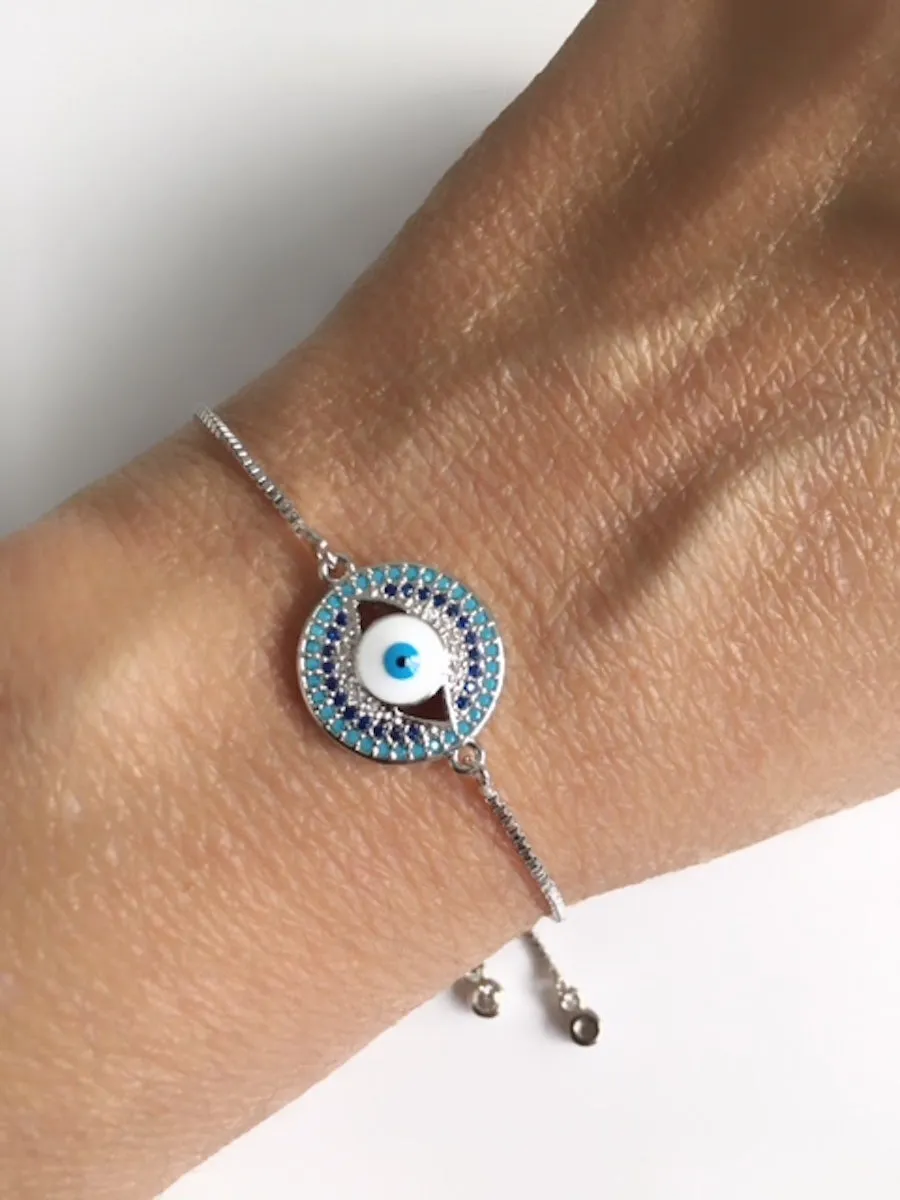 Silver Plated Evil Eye Bolo Bracelet for Women Adjustable Chain