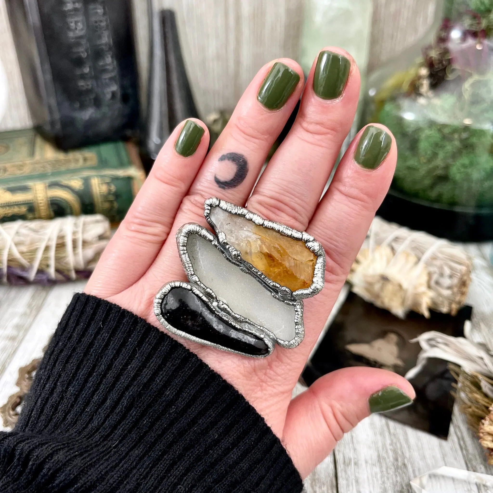 Size 10 Big Crystal Ring - Three Stone Black River Rock Sea Glass & Yellow Citrine Silver Ring / Foxlark Collection - One of a Kind Jewelry