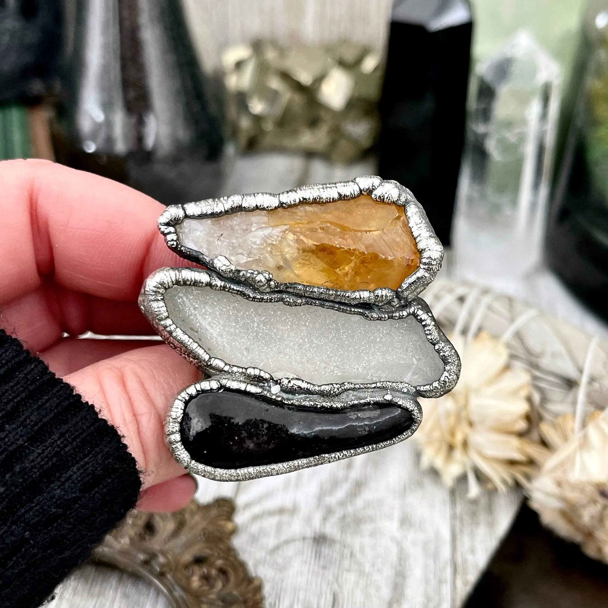 Size 10 Big Crystal Ring - Three Stone Black River Rock Sea Glass & Yellow Citrine Silver Ring / Foxlark Collection - One of a Kind Jewelry