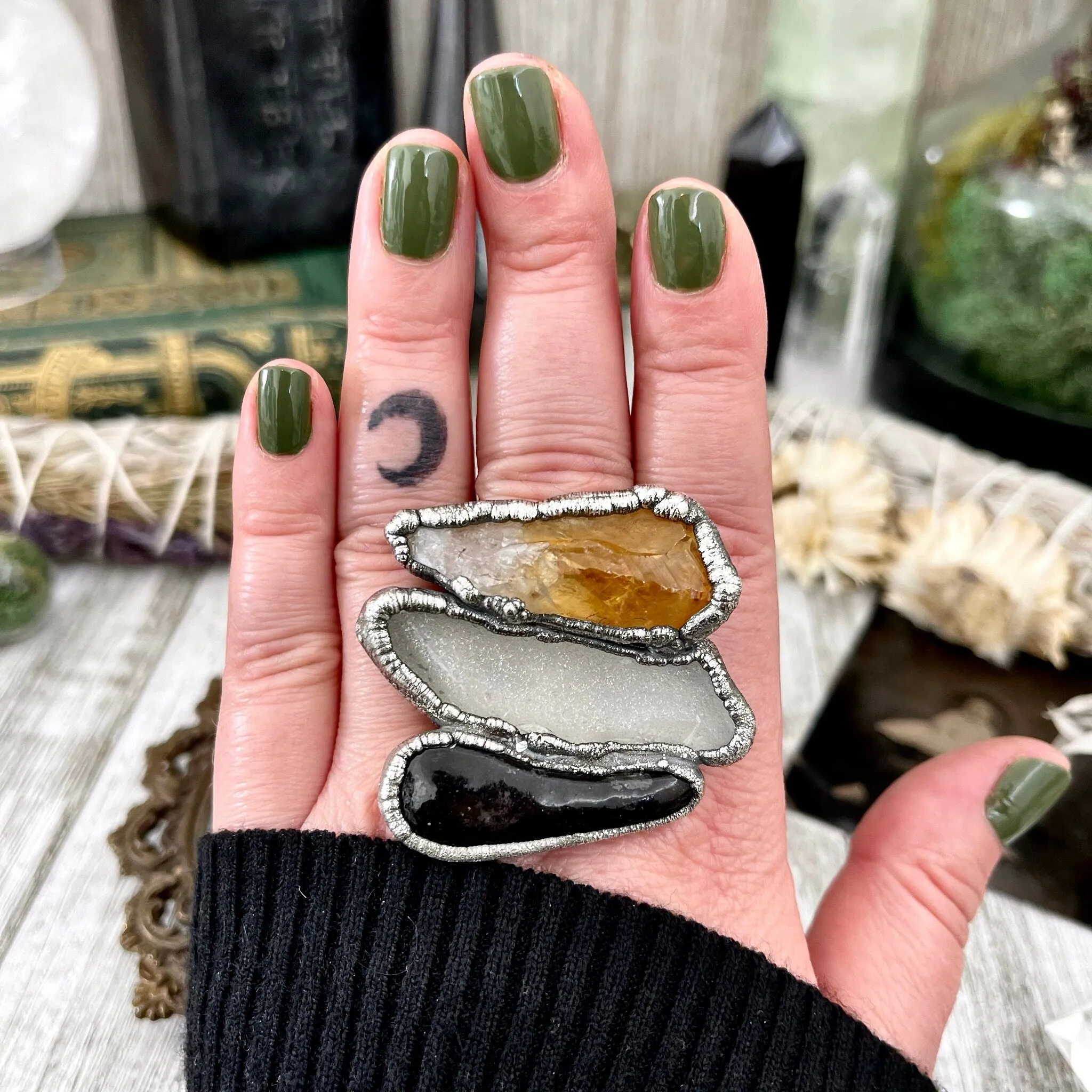 Size 10 Big Crystal Ring - Three Stone Black River Rock Sea Glass & Yellow Citrine Silver Ring / Foxlark Collection - One of a Kind Jewelry