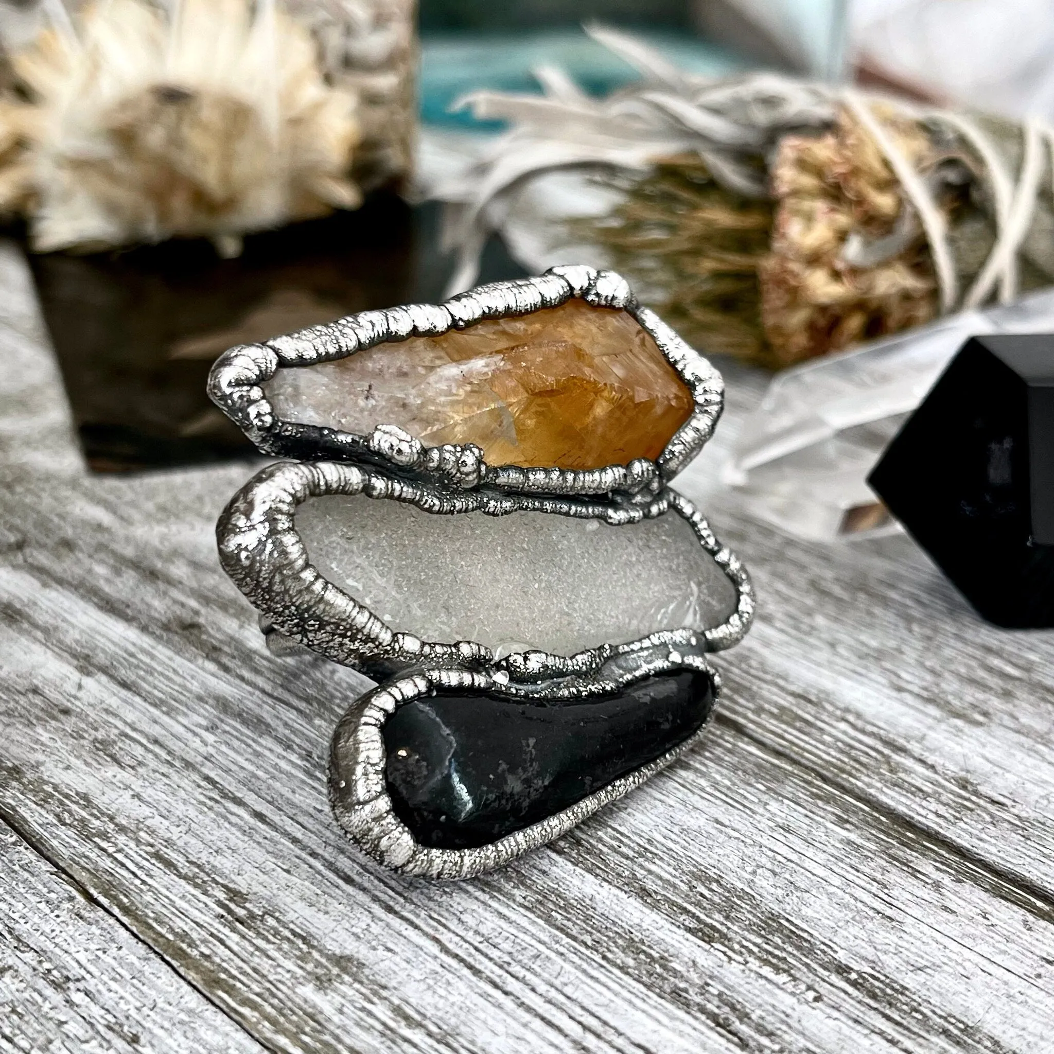 Size 10 Big Crystal Ring - Three Stone Black River Rock Sea Glass & Yellow Citrine Silver Ring / Foxlark Collection - One of a Kind Jewelry