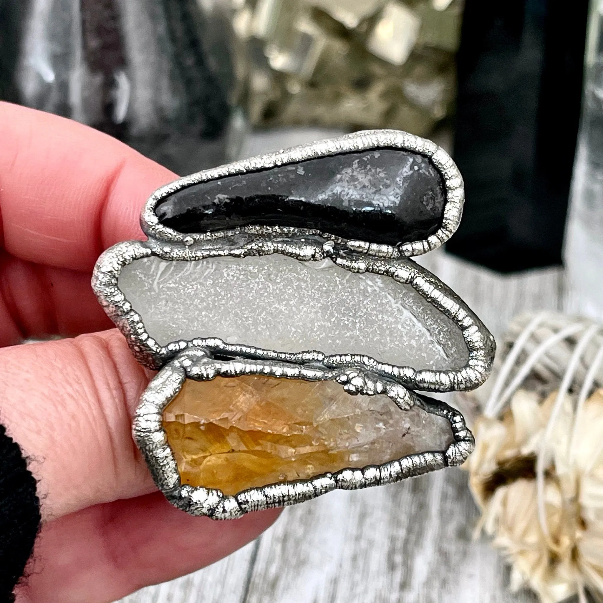 Size 10 Big Crystal Ring - Three Stone Black River Rock Sea Glass & Yellow Citrine Silver Ring / Foxlark Collection - One of a Kind Jewelry