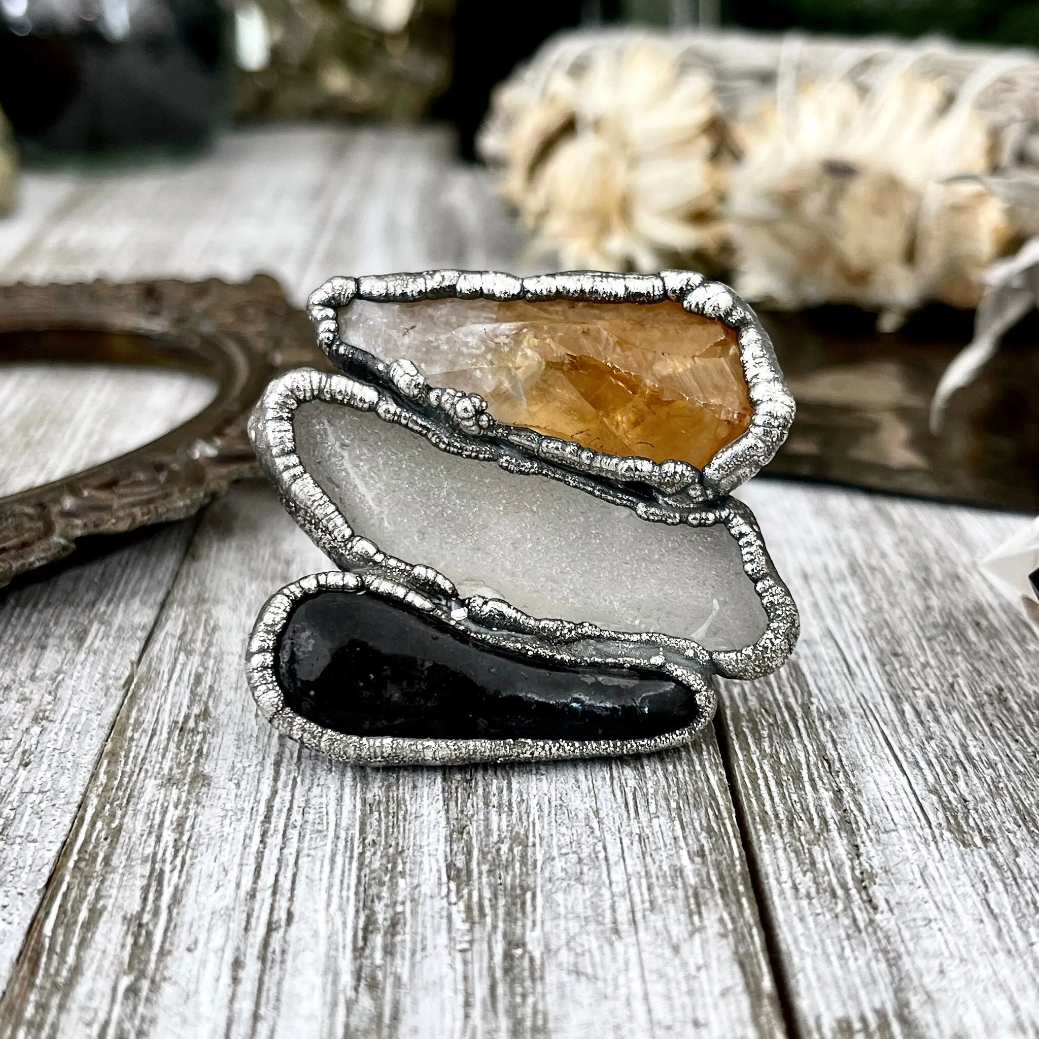 Size 10 Big Crystal Ring - Three Stone Black River Rock Sea Glass & Yellow Citrine Silver Ring / Foxlark Collection - One of a Kind Jewelry