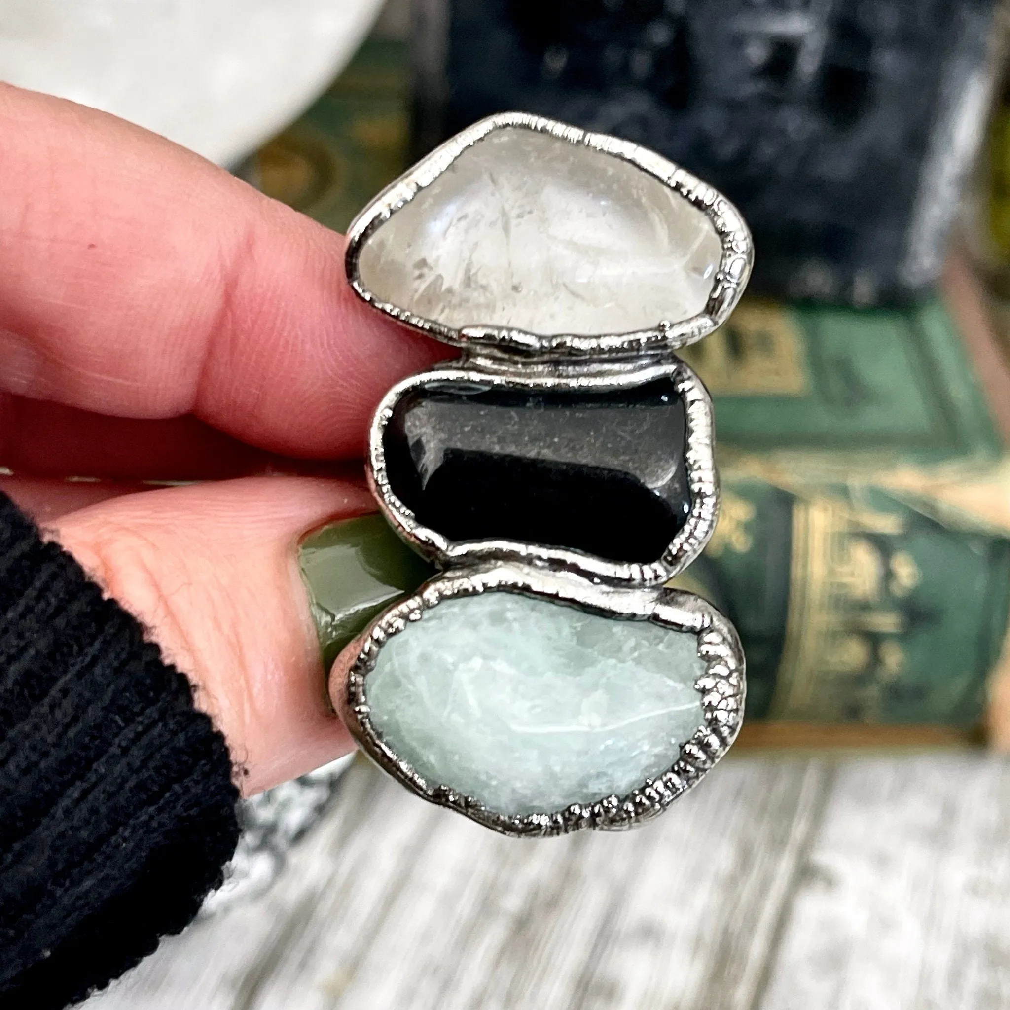 Size 6 Crystal Ring - Three Stone Ring Black Onyx Clear Quartz Aquamarine Silver Ring / Foxlark Collection - One of a Kind