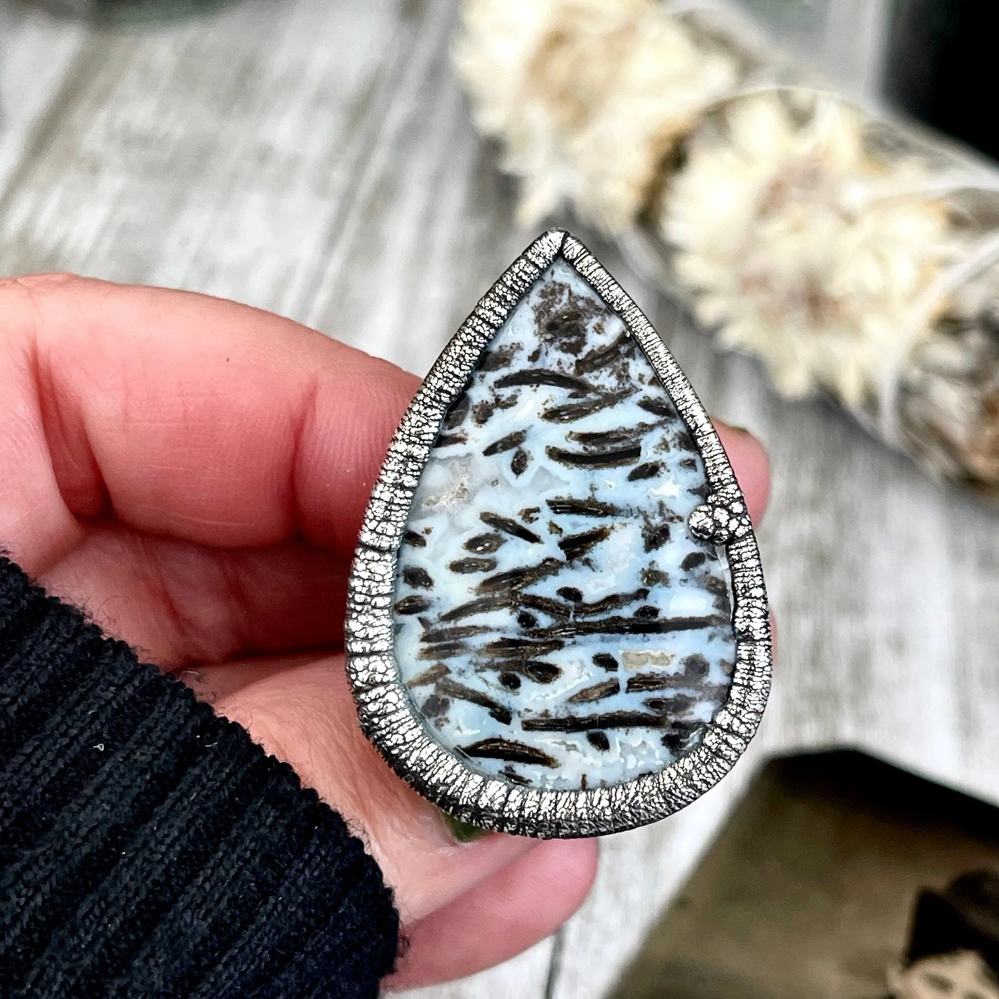 Size 7 Large Blue Fossilized Palm Root Statement Ring in Fine Silver / Foxlark Collection - One of a Kind