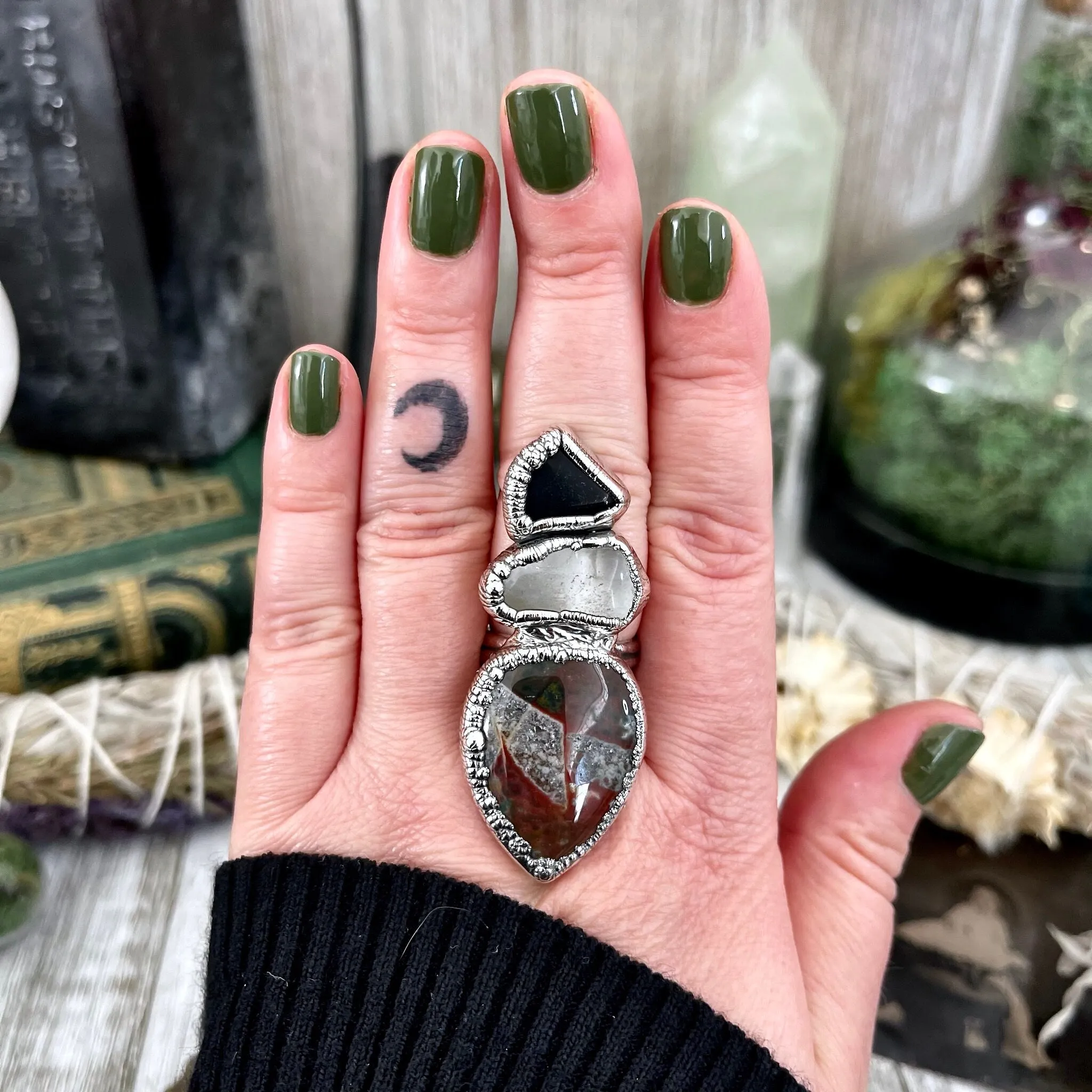 Size 8 Crystal Ring - Three Stone Ring Black Onyx Bloodstone & Clear Quartz Silver Ring / Foxlark Collection - One of a Kind Jewelry