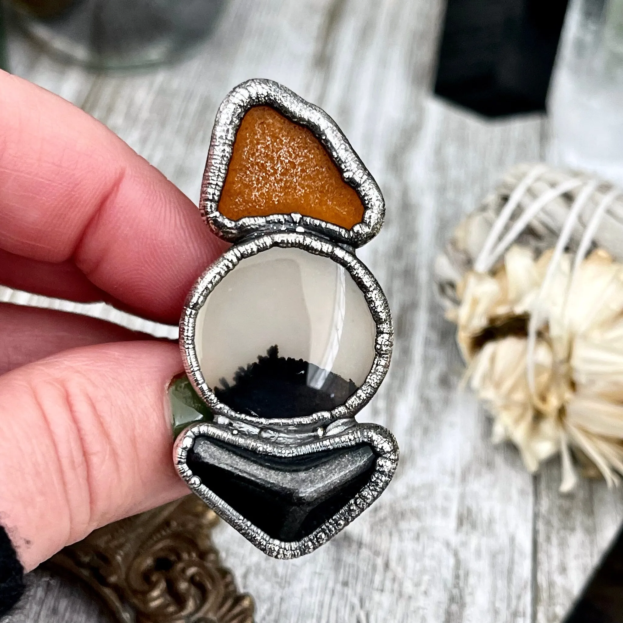 Size 8 Crystal Ring - Three Stone Ring Montana Moss Agate Black Onyx Sea Glass Silver Ring / Foxlark Collection - One of a Kind Jewelry