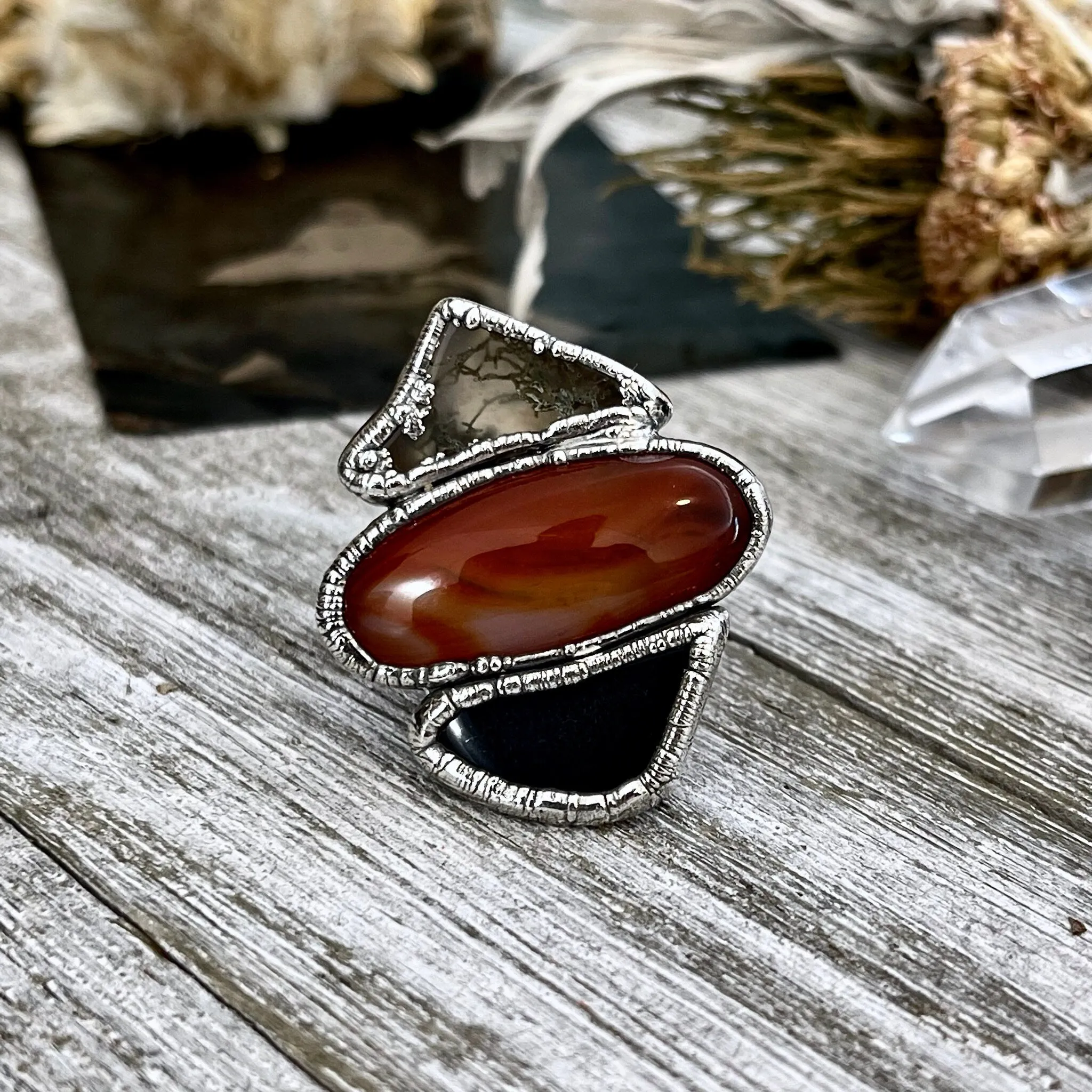 Size 8.5 Crystal Ring - Three Stone Ring Black Onyx Carnelian Moss Agate Silver Ring / Foxlark Collection - One of a Kind