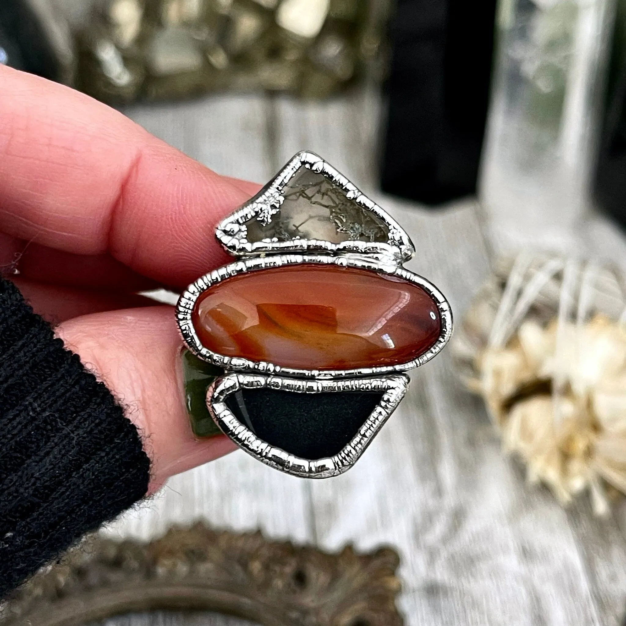 Size 8.5 Crystal Ring - Three Stone Ring Black Onyx Carnelian Moss Agate Silver Ring / Foxlark Collection - One of a Kind