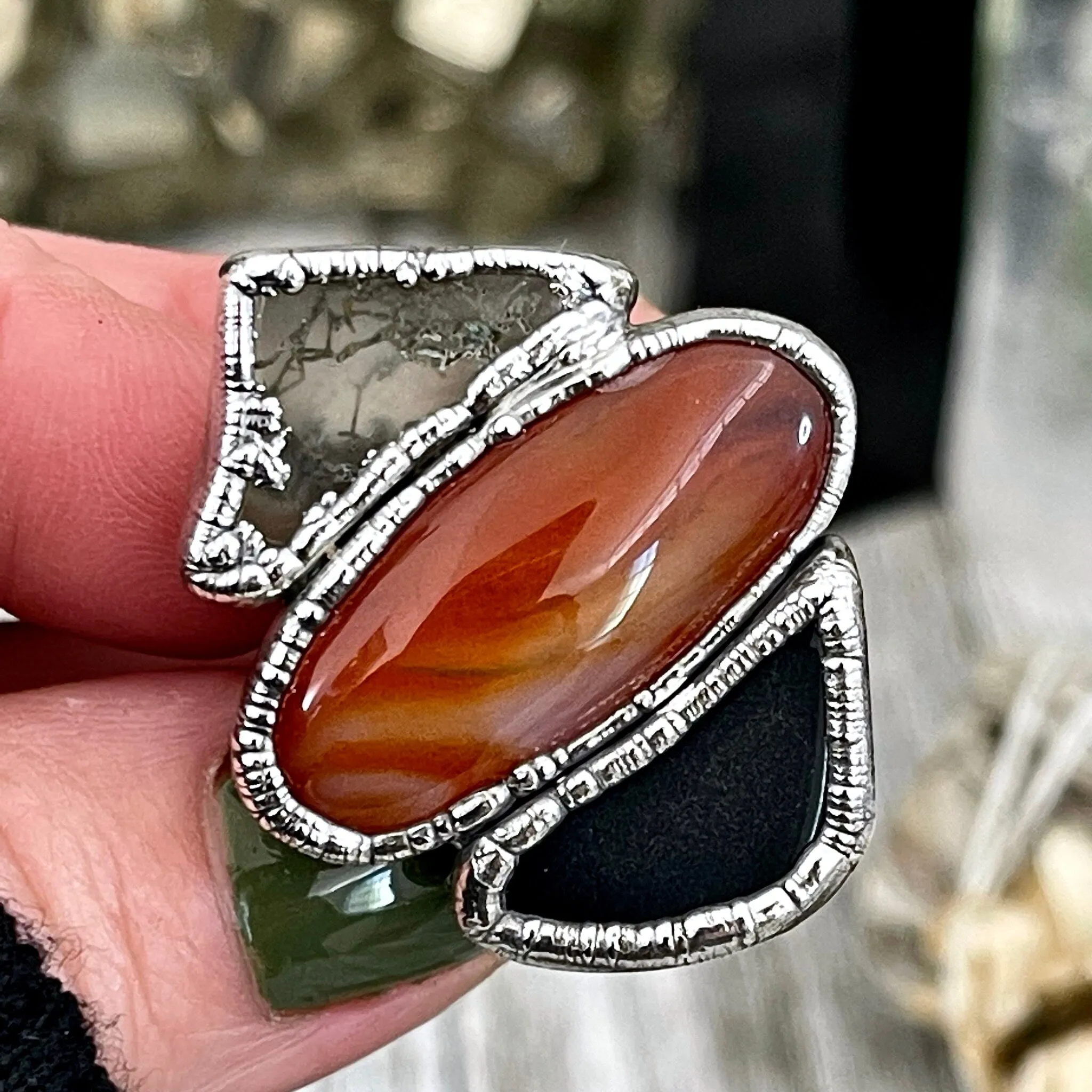 Size 8.5 Crystal Ring - Three Stone Ring Black Onyx Carnelian Moss Agate Silver Ring / Foxlark Collection - One of a Kind