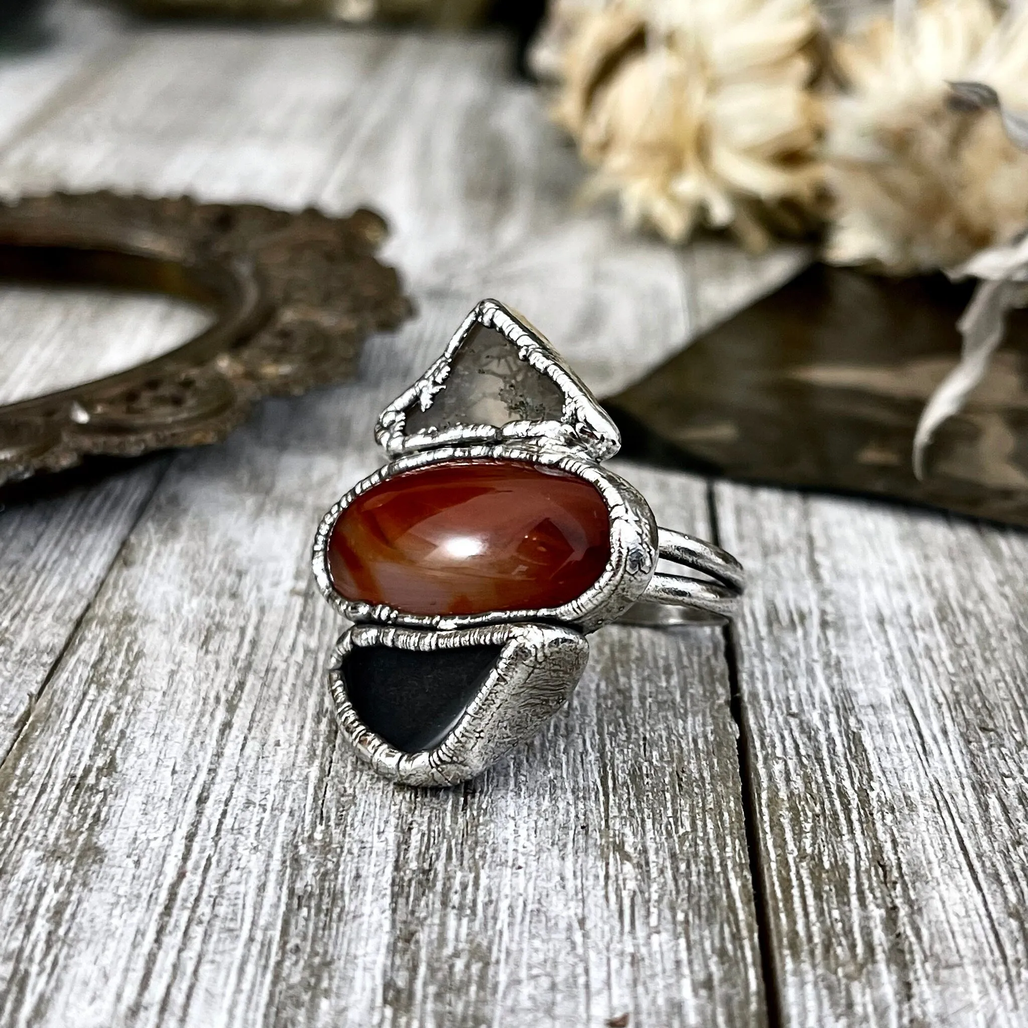 Size 8.5 Crystal Ring - Three Stone Ring Black Onyx Carnelian Moss Agate Silver Ring / Foxlark Collection - One of a Kind