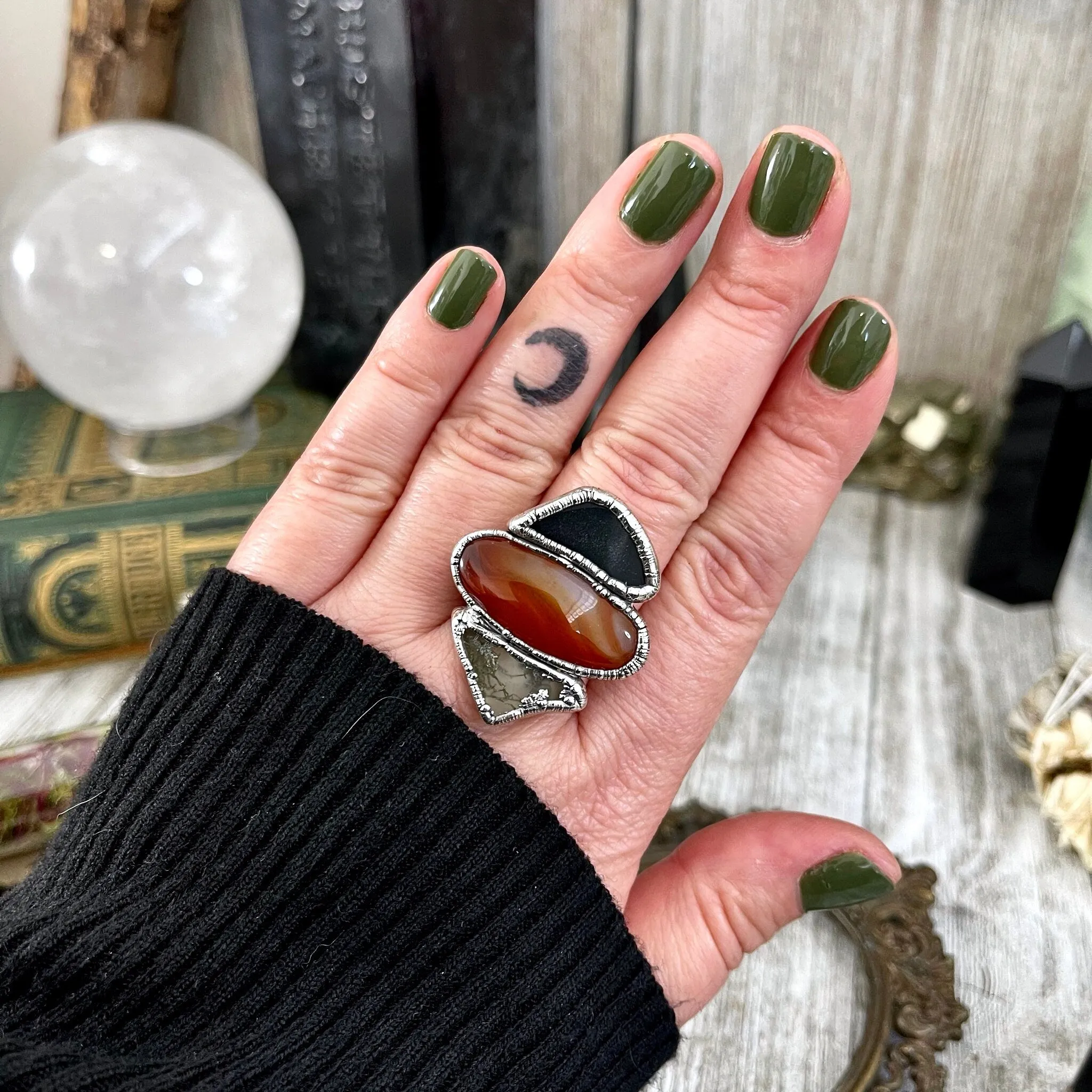 Size 8.5 Crystal Ring - Three Stone Ring Black Onyx Carnelian Moss Agate Silver Ring / Foxlark Collection - One of a Kind