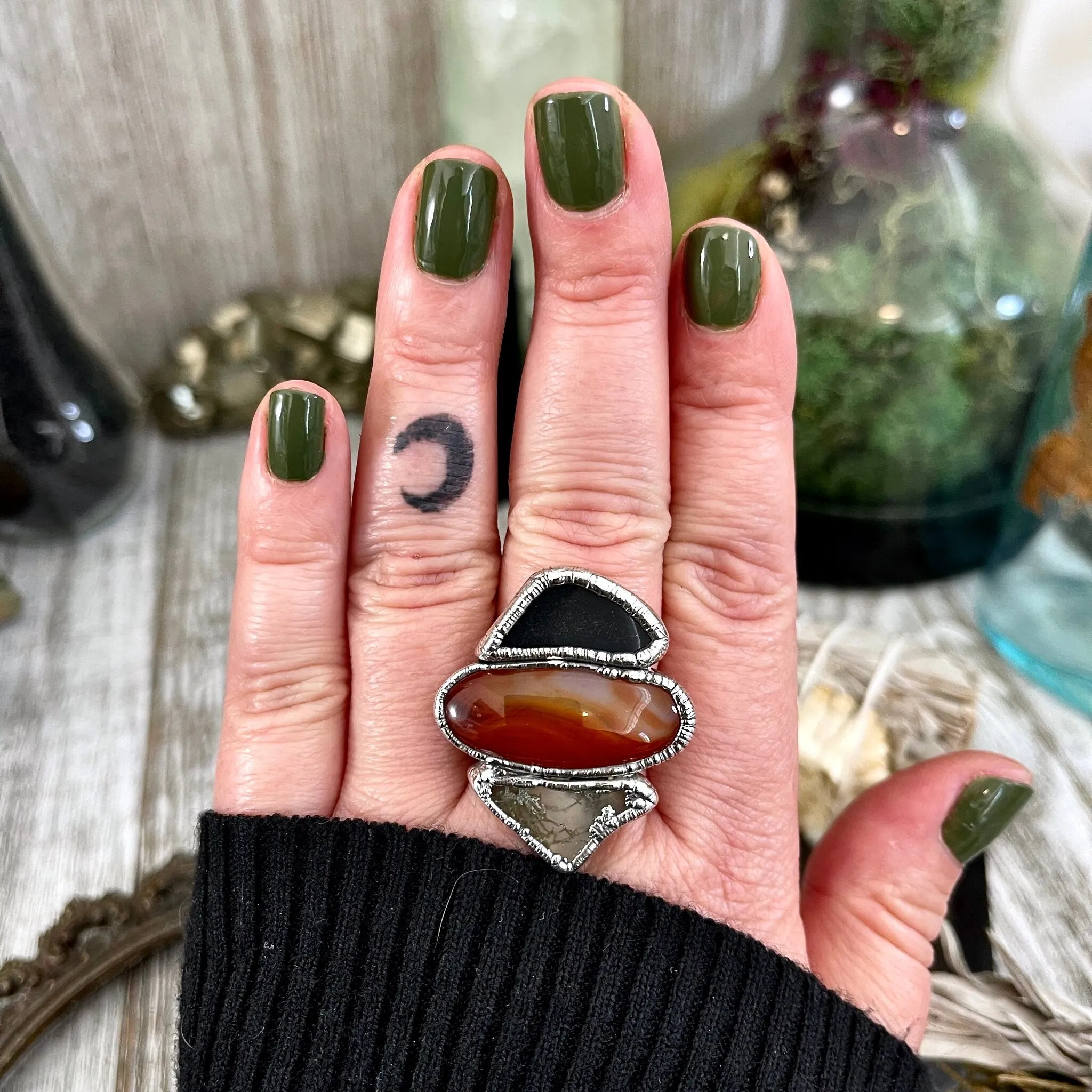 Size 8.5 Crystal Ring - Three Stone Ring Black Onyx Carnelian Moss Agate Silver Ring / Foxlark Collection - One of a Kind