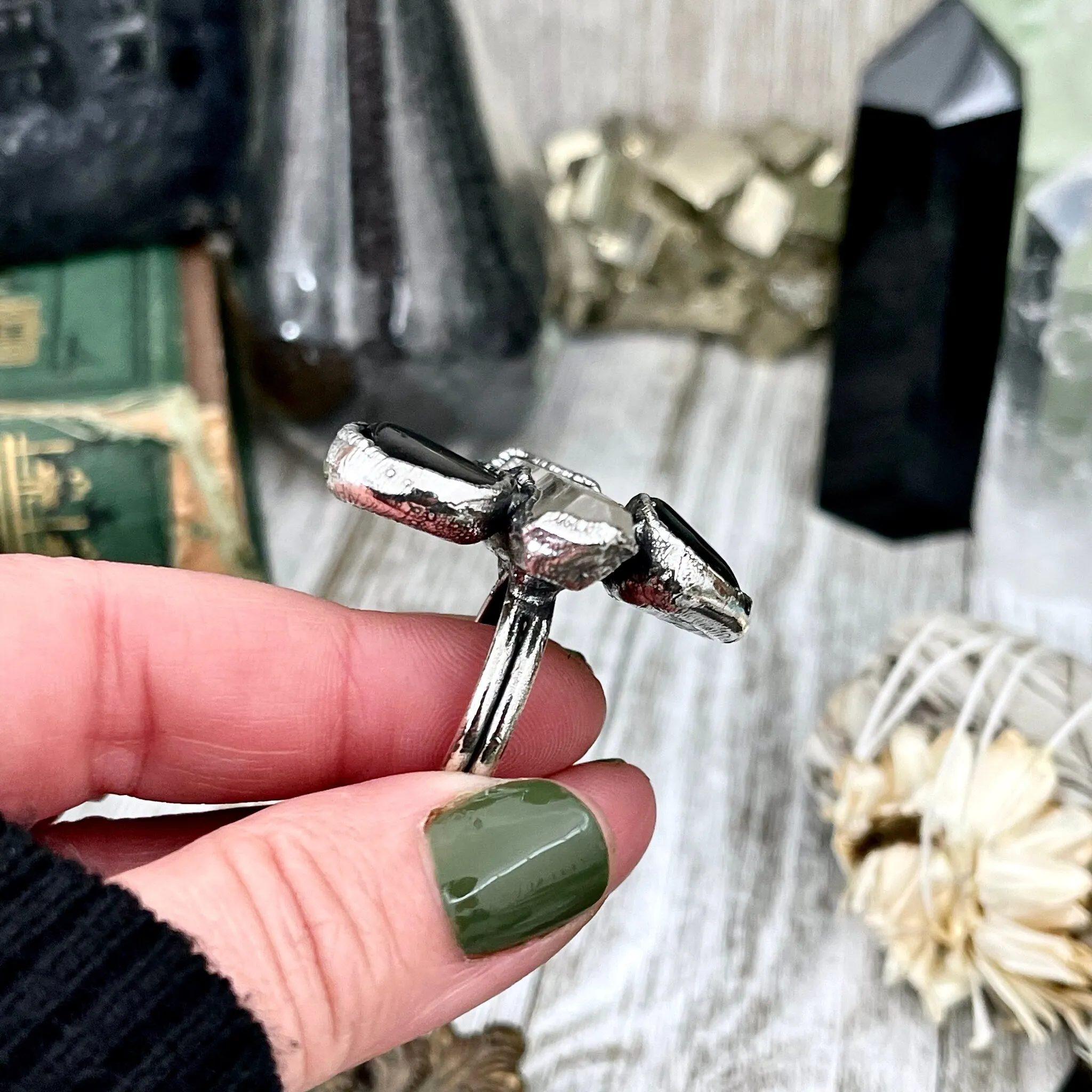 Size 9 Crystal Ring - Three Stone Ring Black Onyx Clear Raw Quartz Ring in Silver / Foxlark Collection - One of a Kind