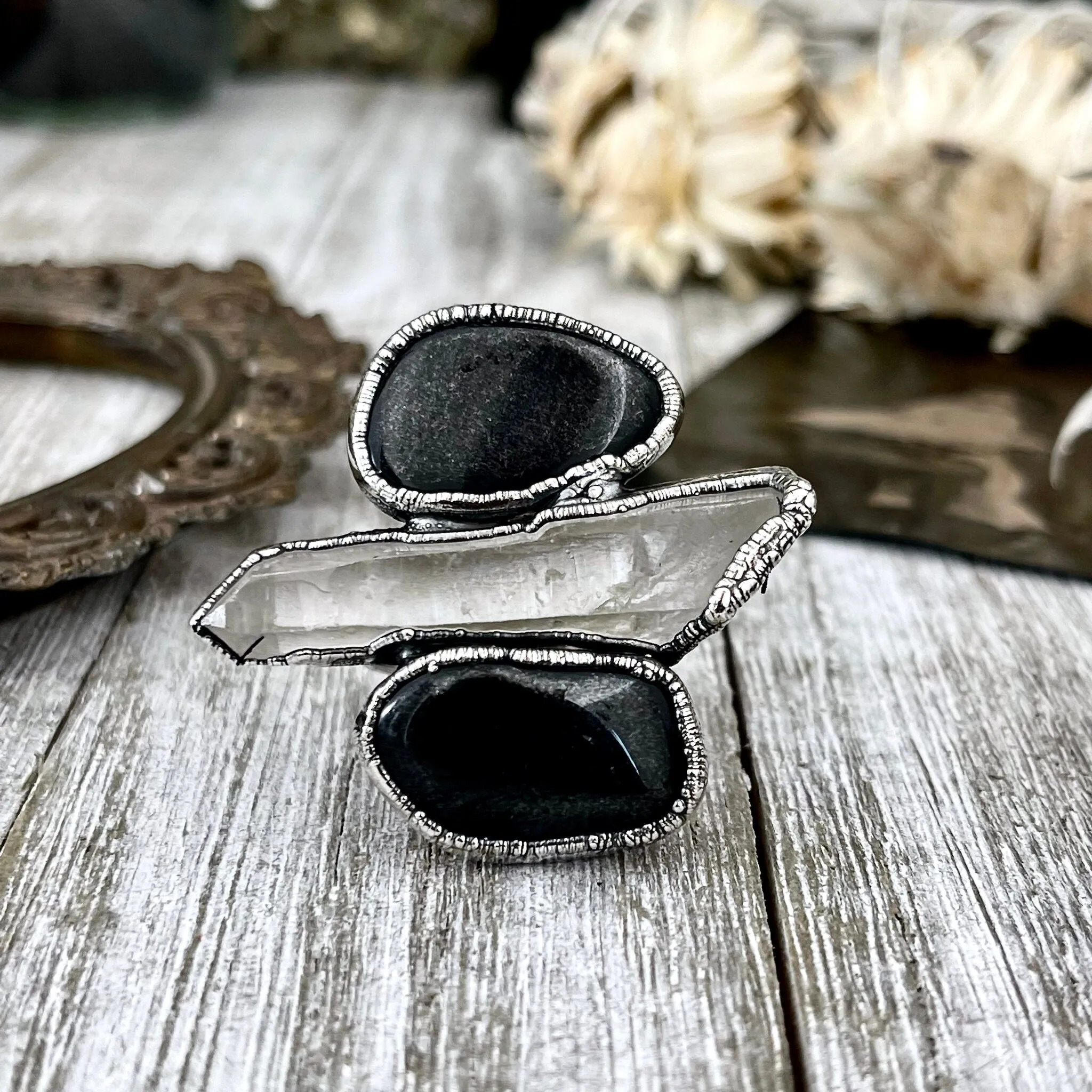 Size 9 Crystal Ring - Three Stone Ring Black Onyx Clear Raw Quartz Ring in Silver / Foxlark Collection - One of a Kind