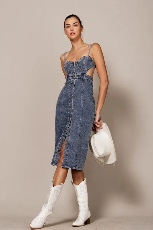 Sizzling Open Back Denim Midi Dress