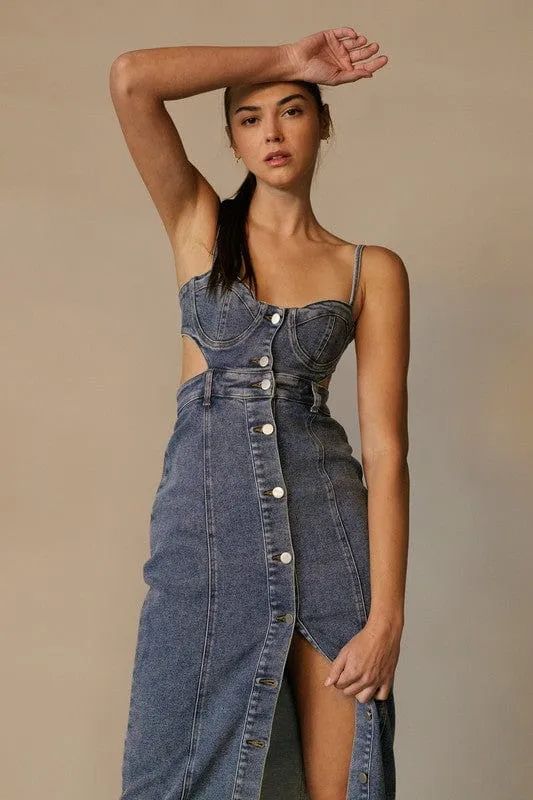 Sizzling Open Back Denim Midi Dress