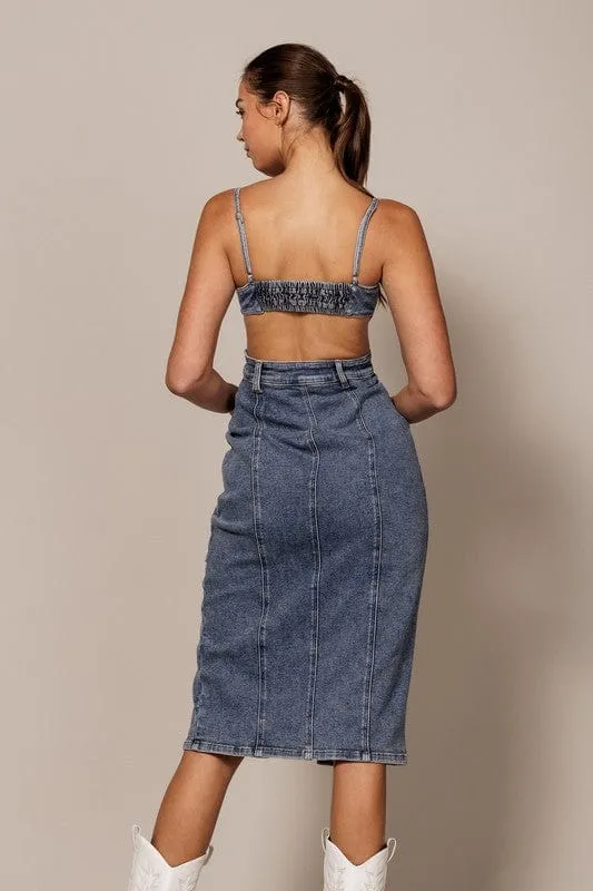 Sizzling Open Back Denim Midi Dress