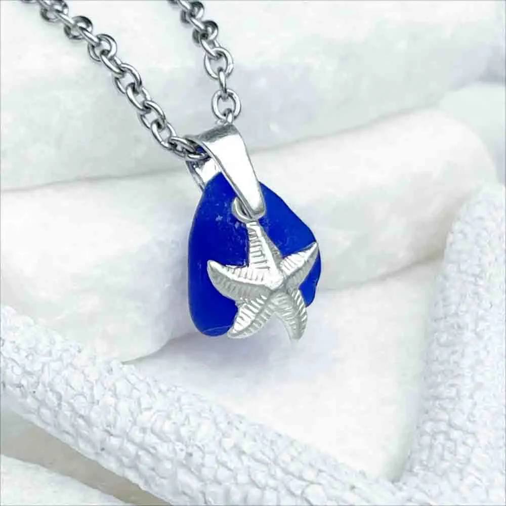 Small Cobalt Blue Sea Glass and Sea Star Pendant | 5217